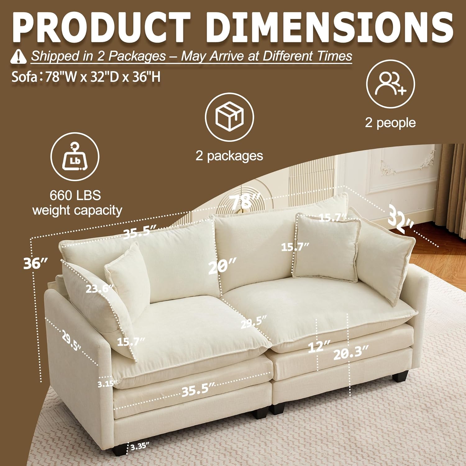 78" Modular Sectional Sofa, Cloud Couch Loveseat Sofa, Deep Seat Washable Chenille Fabric Sofa with Throw Pillows, 2 Seat Modern Couches for Living Room Bedroom Apartment, Beige