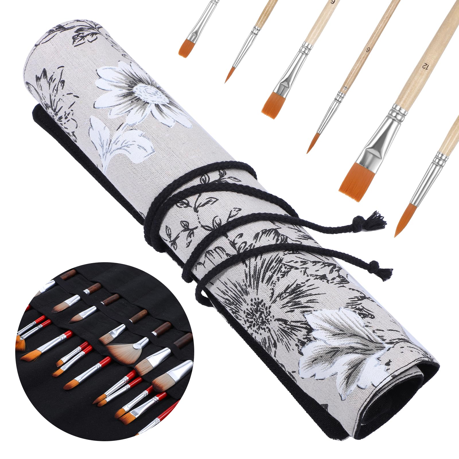 Yolev Paint Brush Holder Storage 20 Slots Paintbrush Holder Peony Art Brush Roll Canvas Pouch Roll Up Brush Bag Case Protect Acrylic Oil Watercolor