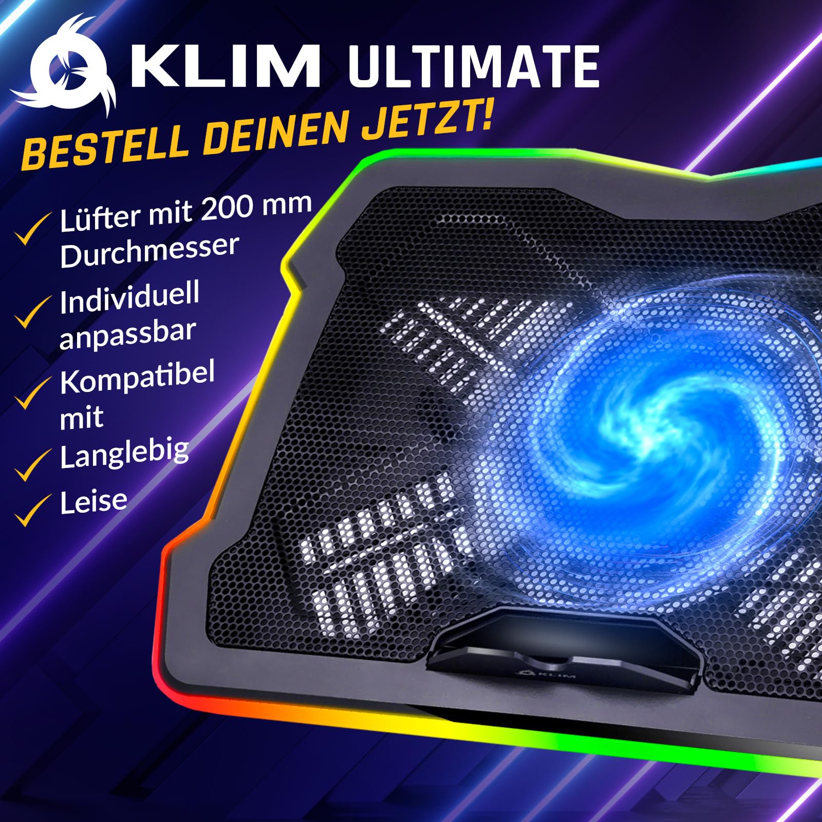 KLIM Ultimate Laptop Kühler + NEU + Gaming Cooling Pad + Stabiler RGB Ständer mit Lüfter + Kompatibel bis zu 17" + USB-Lüfter + Für PC Mac PS5 PS4