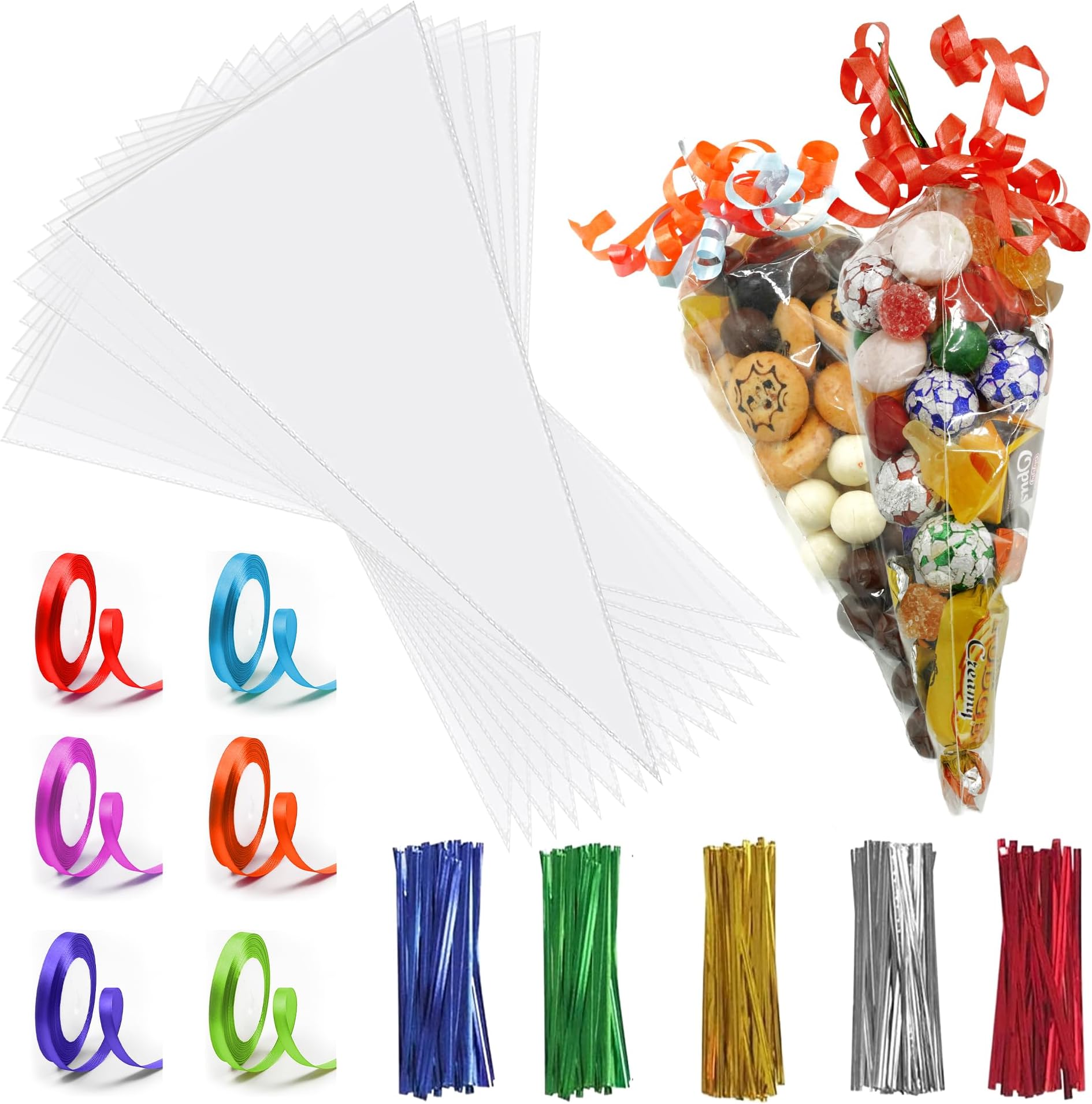 Sweet Cone Bags with Twist Ties and Ribbons, 100Pcs Cellophane Crystal Clear Sweet bags, Triangle Sweet Party Cones Bags Perfect for Halloween, Christmas and many more (14x26cm - Pack of 200)