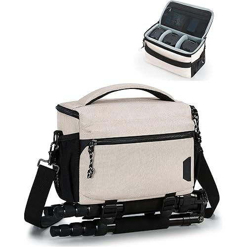 BAGSMART Small Camera Bag for Photographers, Compact Camera Shoulder Bags for DSLR/SLR/Mirrorless Cameras, Waterproof Crossbody Camera Case with Tripod Holder, Ivory White