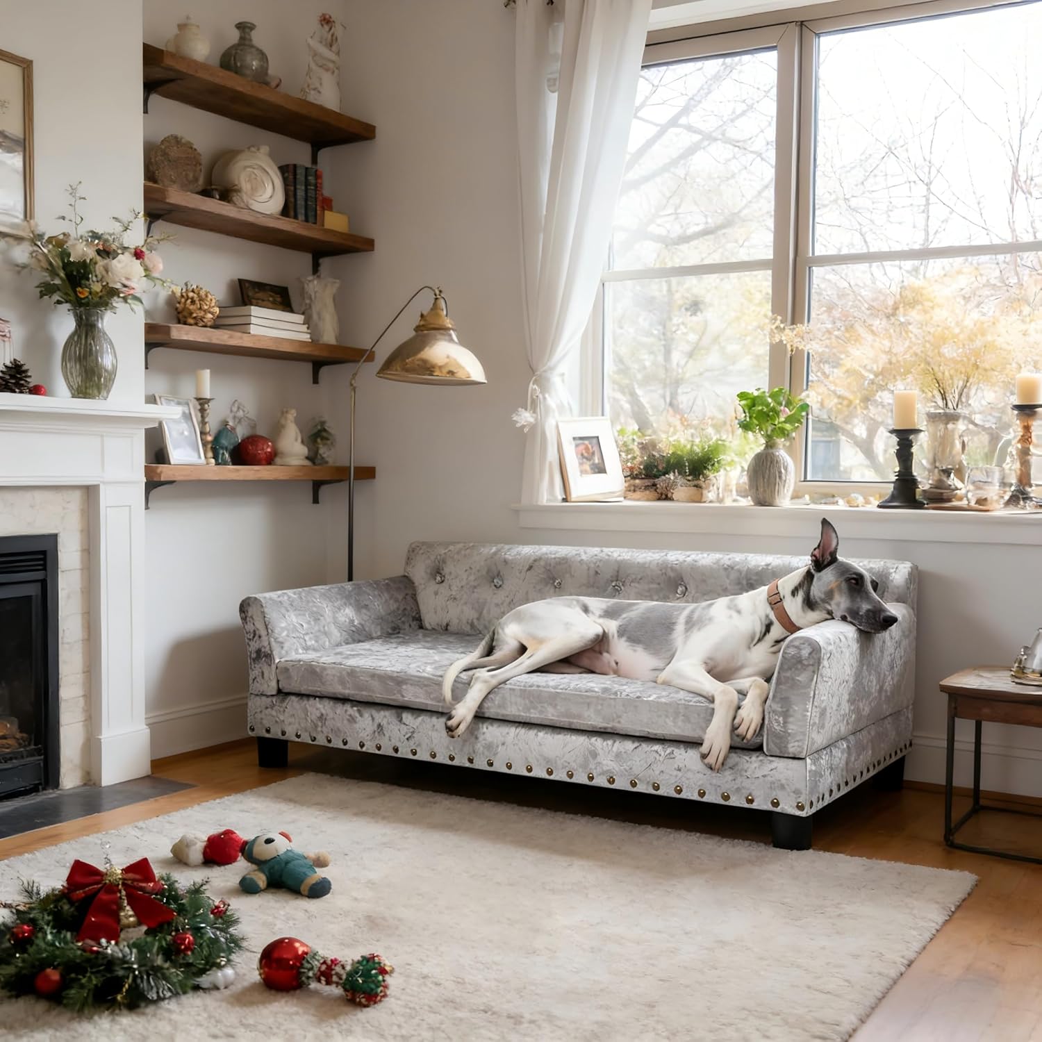 BingoPaw Large Dog Sofa Couch: Luxury Extra Large Pet Couch Made by Deluxe Tufted Velvet - European Court Style Doggy Chaise Daybed with Attached Cushion for Giant Breed Dogs up to 120lbs