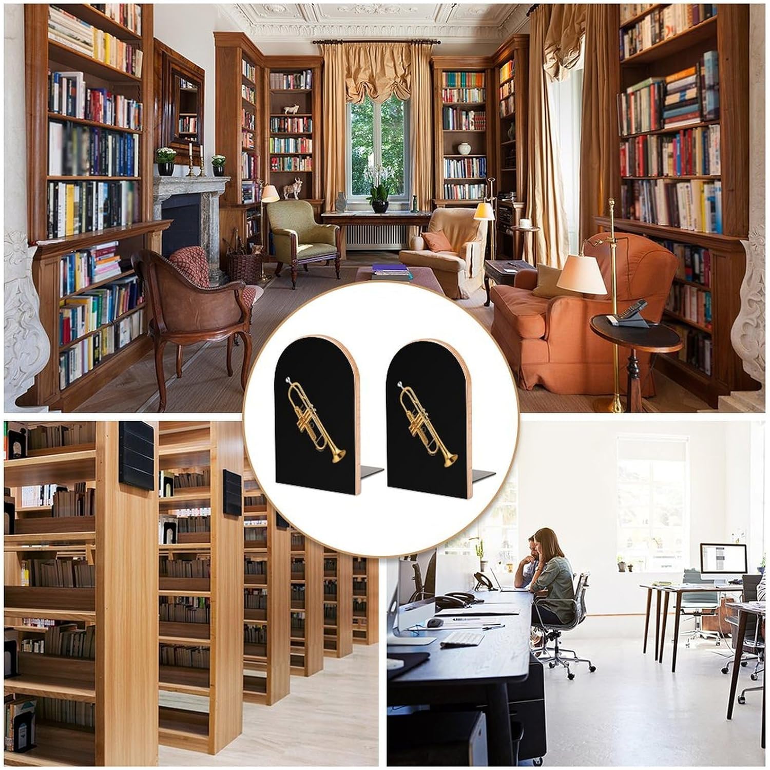 Gold Trombone Cute Wood Book Ends Decorative Bookends 1 Pair Non-Skid for Shelves Home Office 7 X 5 Inch
