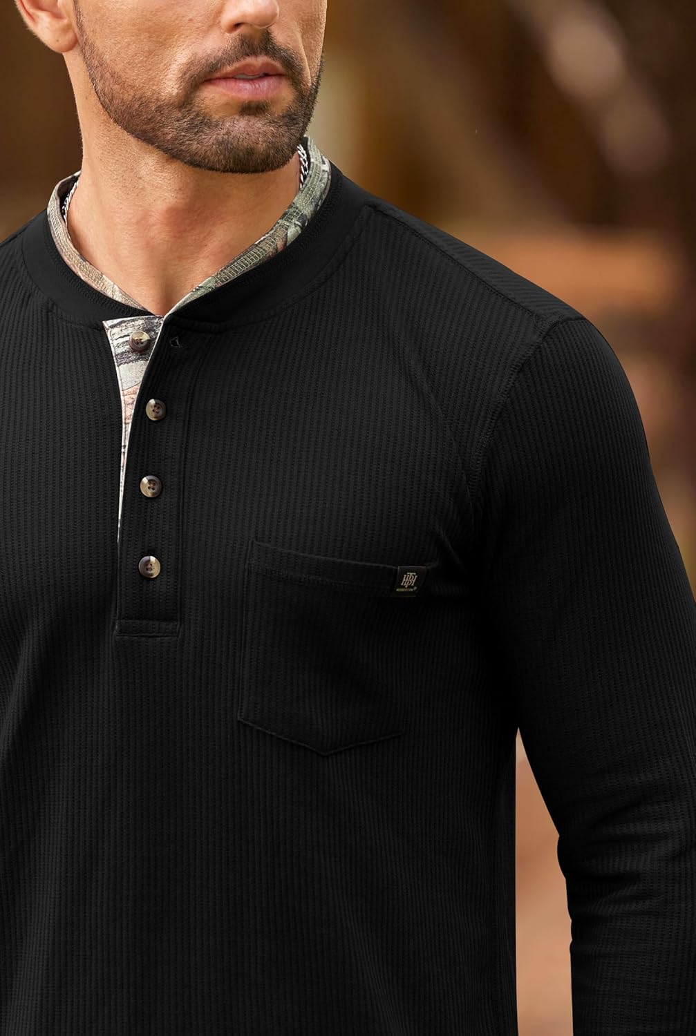 Men's Long Sleeve Waffle Henley Shirt Vintage Button T-Shirt with Pocket S-3XL - Image 4