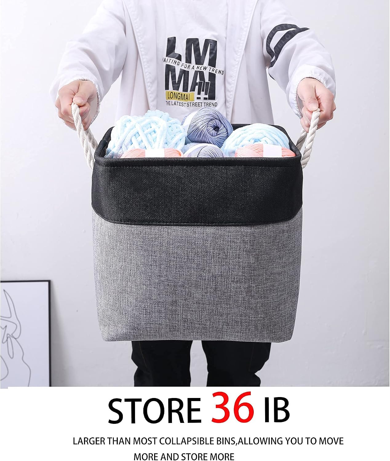 DDFUSM Large Collapsible Storage Cubes Set (3 Pack), 13 x 13 x 13in Linen Fabric Storage Basket Bins with Cotton Handles for Clothes, Kid Room, Shelves, Closet, Organizing, Storage Bench(Grey/Balck)