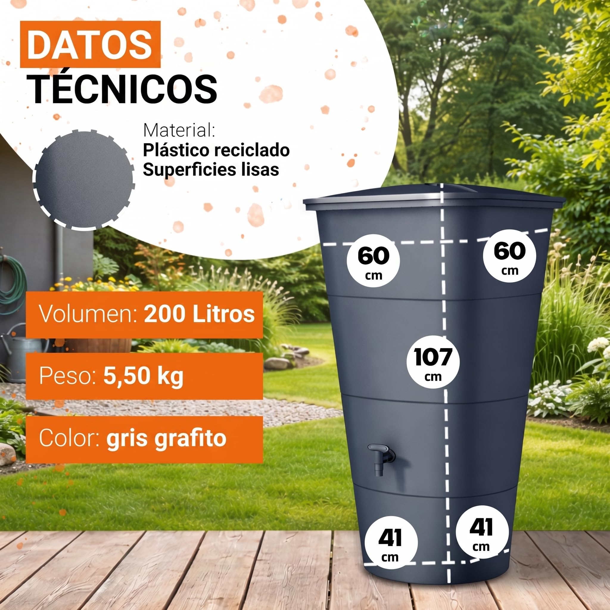 GARANTIA Ibiza depósito de Agua de Lluvia Cuadrado de 200 litros, Gris Grafito, Incluye Tapa y Grifo - diseño Moderno para Pared y Esquina - Estructura Estable de plástico Reciclado y Acabado Mate