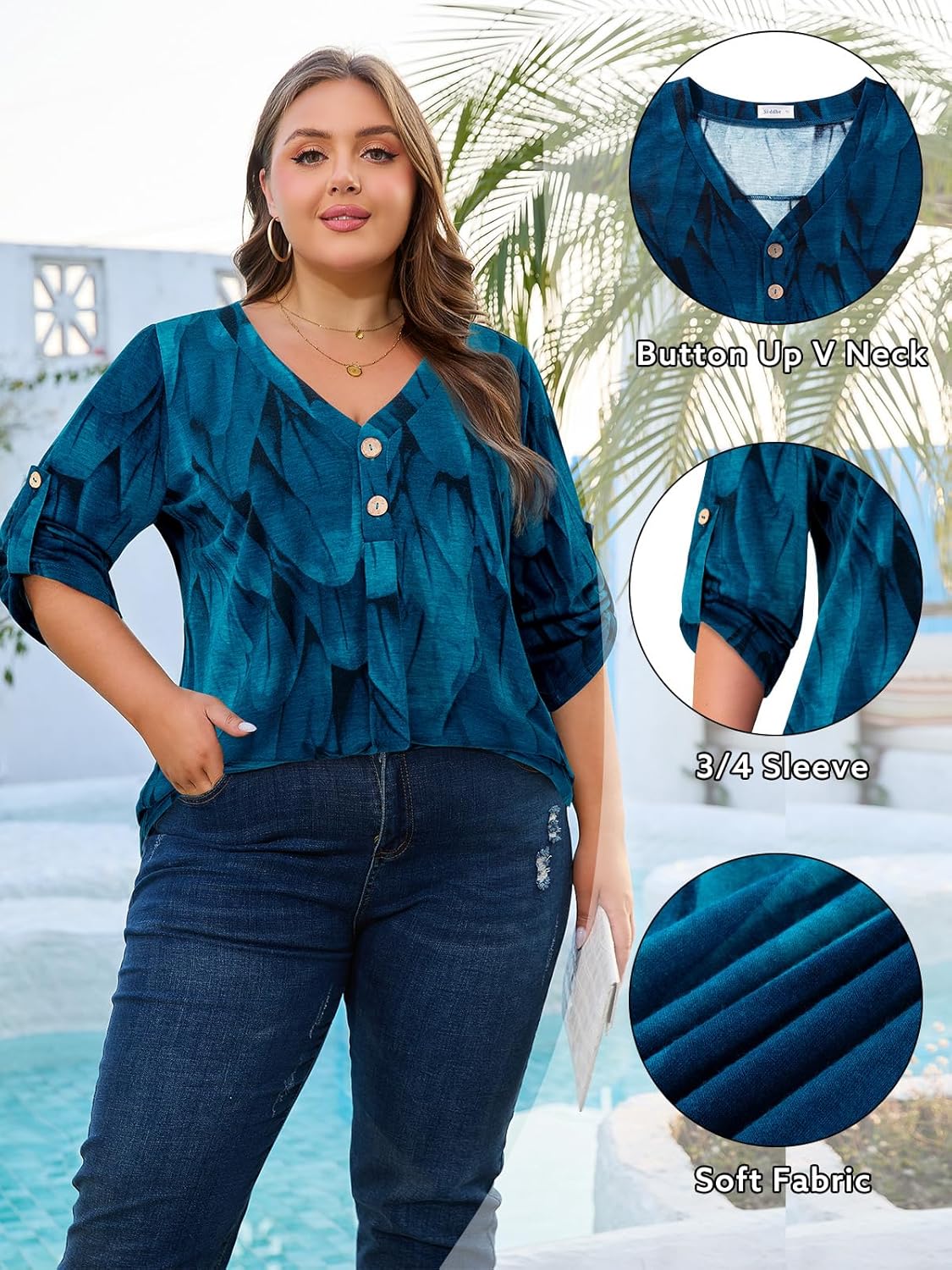 Siddhe Plus Size Blouses for Women, Plus Size Womens Shirts Dressy Casual Ladies Loose Fit Pleated V Neck Summer Tunic Tops Spring 3/4 Sleeve Tops and Blouses Flowy Floral Shirt 2025, Peocock Blue, XL - Image 5