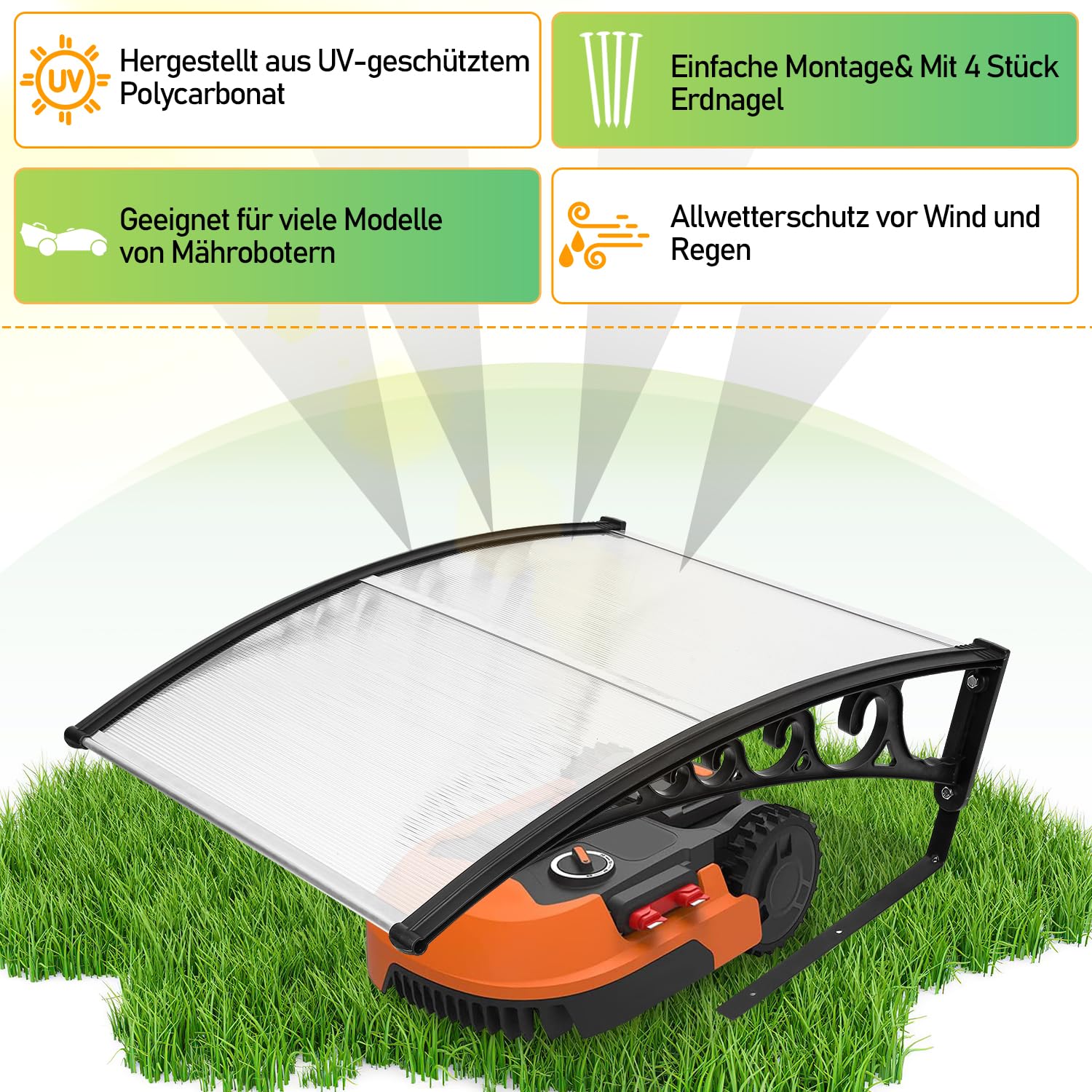 Daromigo Mähroboter Garage Dach Carport für Rasenmäher Rasenroboter Automower, 105x85x45cm, Rasenroboter Garage für Garten Witterungsbeständig UV Schutz, Mährobotergarage mit Metallfüßen, Transparent