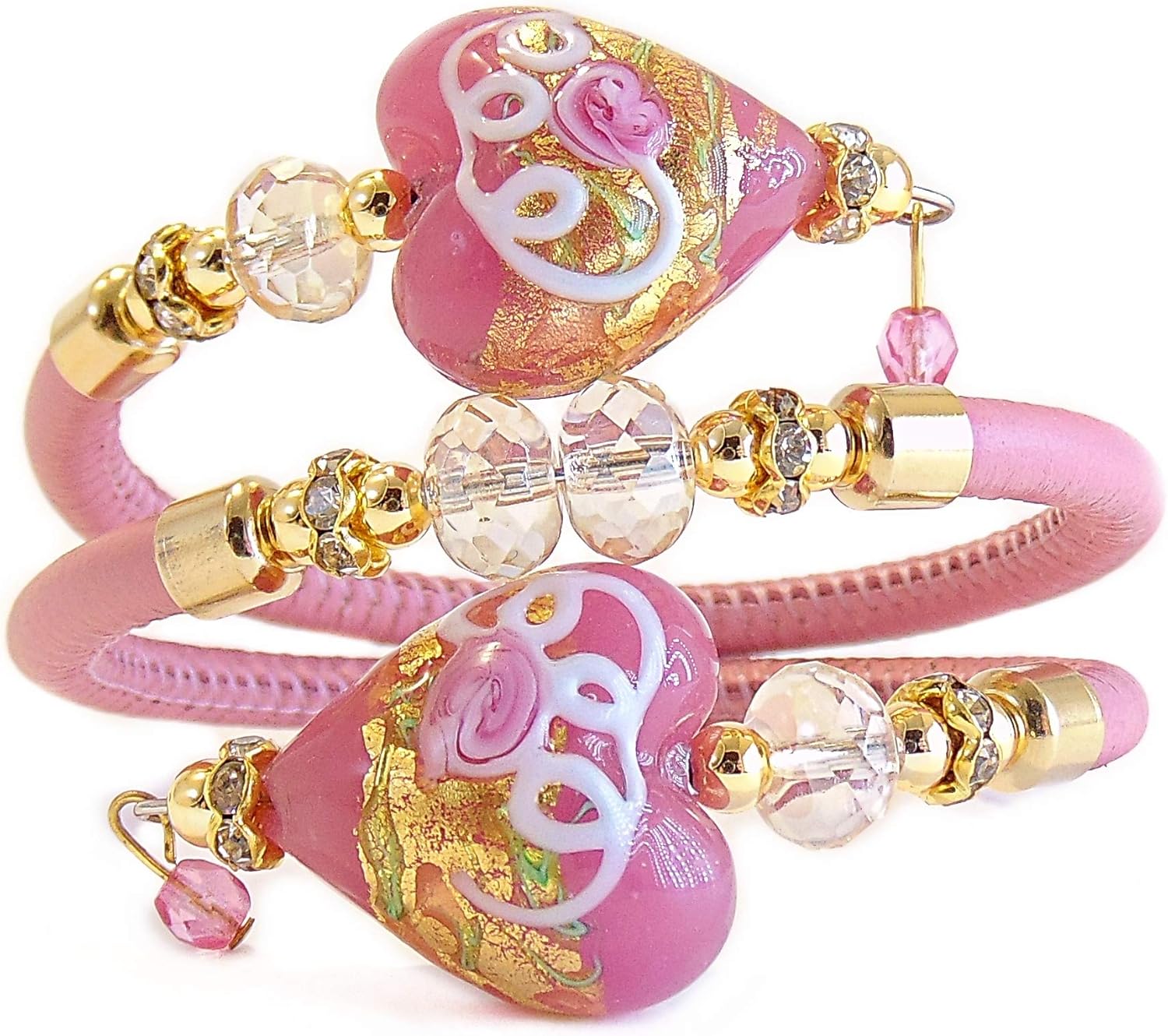 Bracciale da Donna con Cuori in Vetro di Murano Originale e Vera Pelle Toscana, Collezione Fleurs, modello Contrarie con foglia oro 24kt, certificato Made in Italy