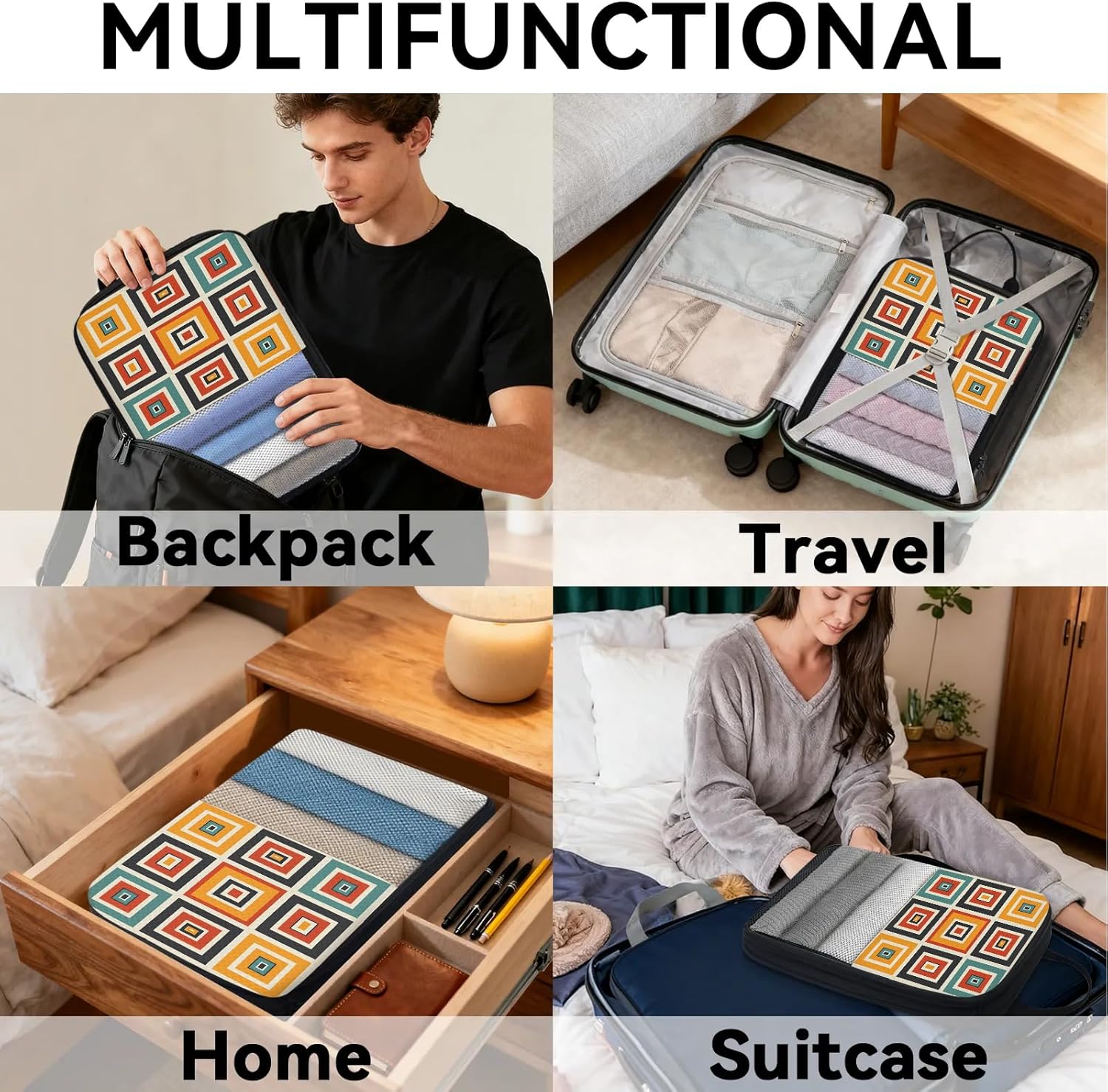 Orange Mid Century 6 Set Compression Packing Cubes Modern Abstract Geometric Art Expandable Packing Organizer for Travel Accessories Luggage Suitcase Bag
