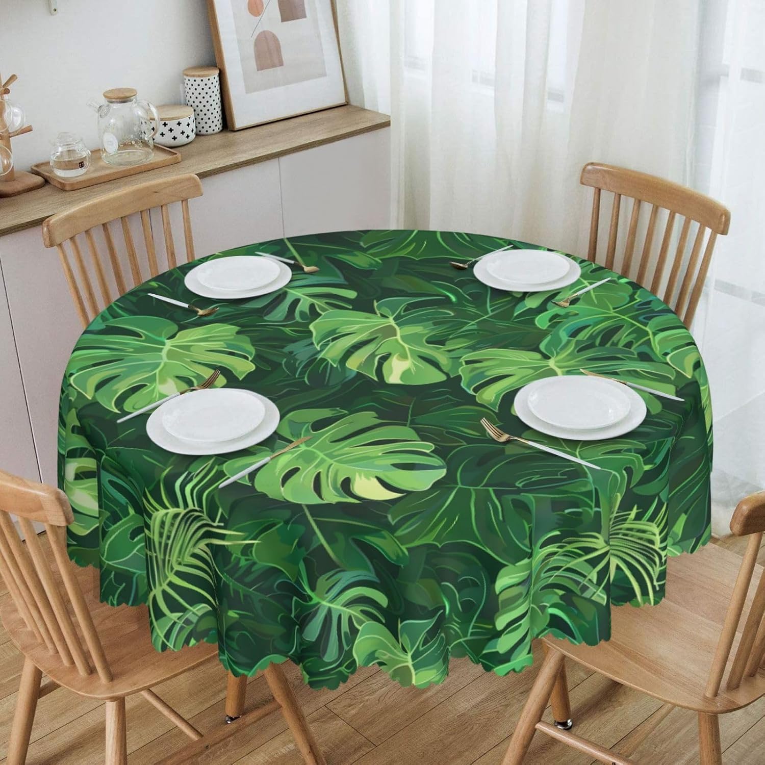 Round Tablecloth 60 Inch Green Monstera Leaves Outdoor Waterproof Spill-Proof Tables Cloth Decorative Table Cover for Kitchen Dinner Table Party Picnic