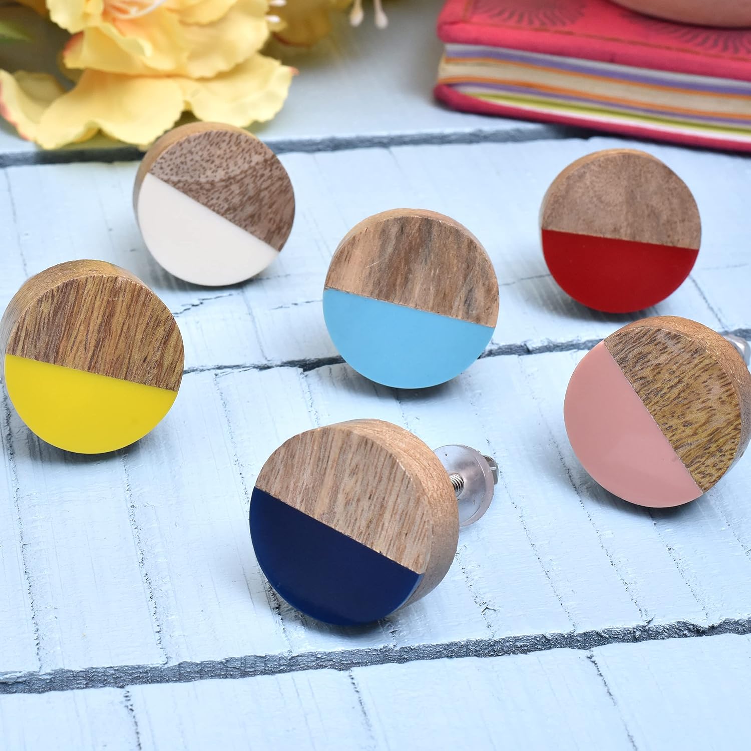 Indian Shelf 6 Pack Multicolor Wooden Resin Round Knobs Decorative