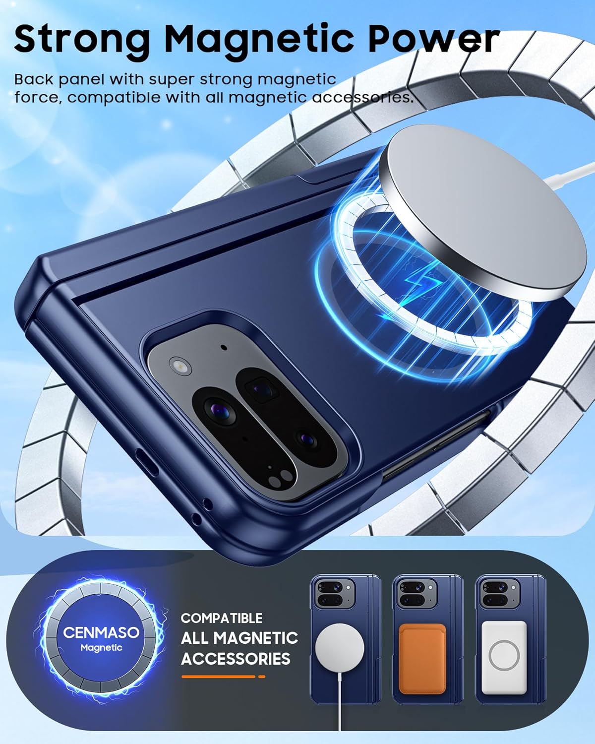 CENMASO Magnetic for Google Pixel 10 Pro Fold Case with Stand,Fit for Magsafe, Hinge Protection, Built-in Dual Hidden Kickstand, Screen Protector, Shockproof Phone Case for Pixel 10 Pro Fold (Blue)