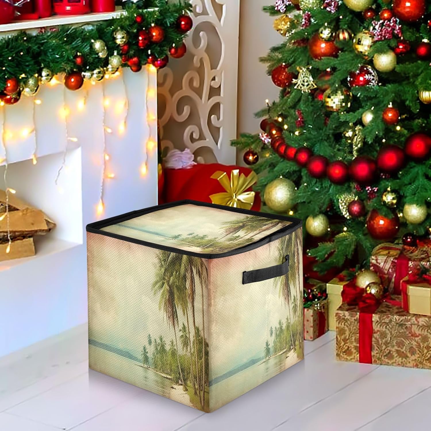 Vintage Palm Trees 13 Inch Christmas Ornament Storage Box with Lid - Holiday Decor Storage Containers, Stores 64 Ornaments, 3 Inch Cube Compartments