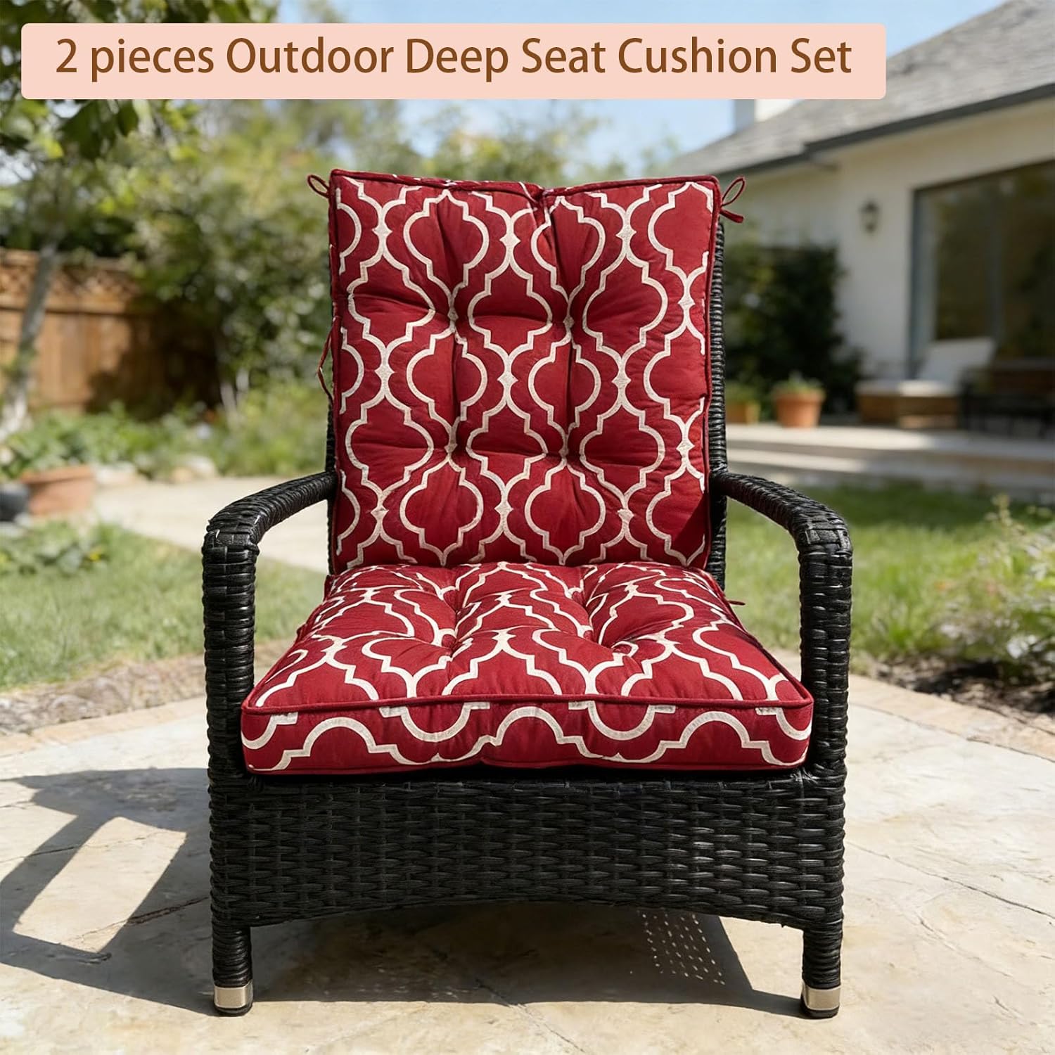 2 Piece Outdoor Patio Chair Cushions, Fade Resistant Outdoor Cushions for Patio Furniture, 6 inch Thickened Rocking Chair Cushions Set (Red Geometric Patterns, 24x24x6 inch - 2 Pieces)