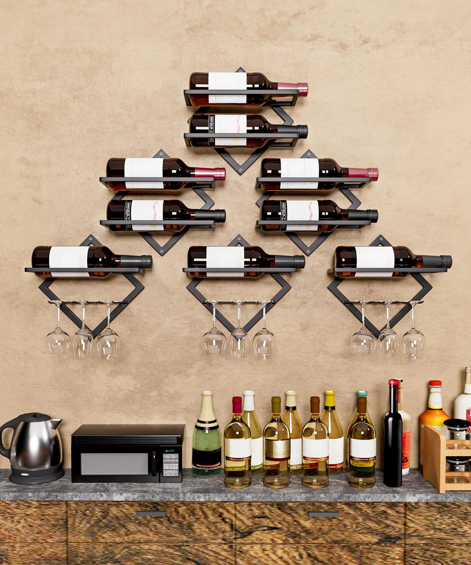 YORBAY Botellero de Pared Metálico con Portavasos: Botellero Vino Decorativo Moderno para 3 Botellas y hasta 6 Copas - Mueble Bar Ahorra Espacio para Salón Bar Cocina