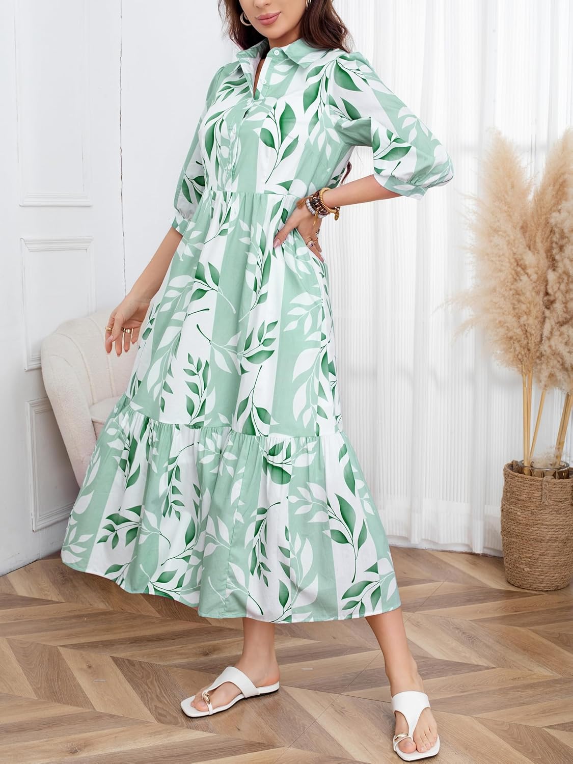 chouyatou Women Striped Printed Button Up Polo Collar Shirt Dress 3/4 Sleeve Ruffle Tiered Maxi Long Dress