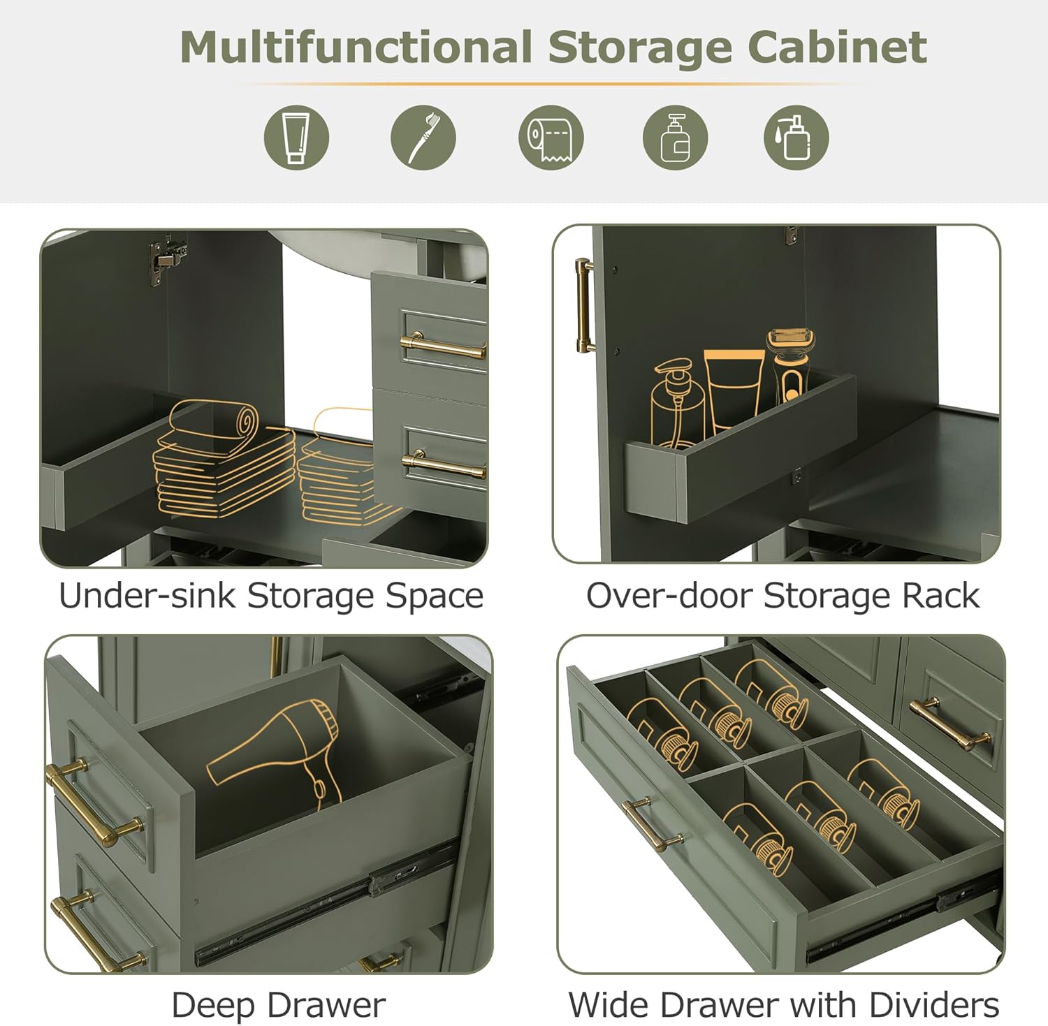 30" Bathroom Vanity with Sink, Harper & Bright Designs Free Standing Single Vanity Set with One Door, Built-in Shelf, and 3 Drawers, Wooden Storage Cabinet with Ceramic Basin for Bathroom, Olive Green
