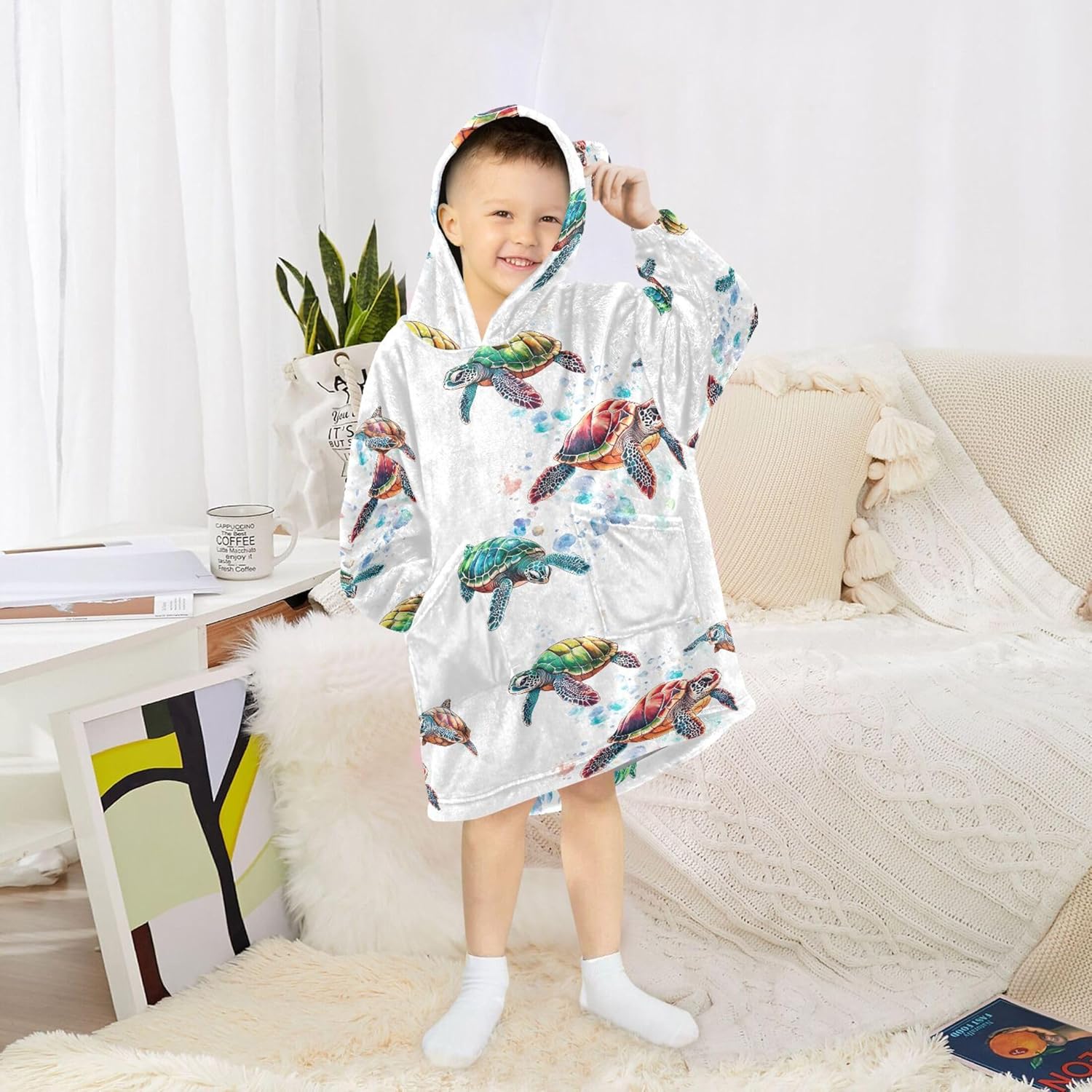 Sea Turtle Animal Kids Wearable Blanket Hoodie with Pocket and Sleeves for Toddlers, Cute Hoodies Girls Boys B0403831
