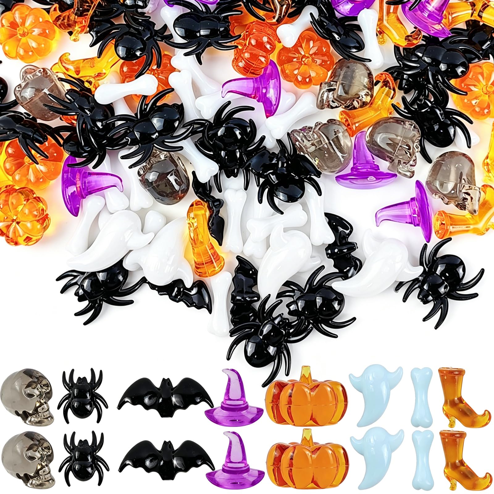 YOOHUA 310 piece Halloween Sensory Bin Filler — translucent acrylic pumpkin, ghost, skull, bat and spider gems
