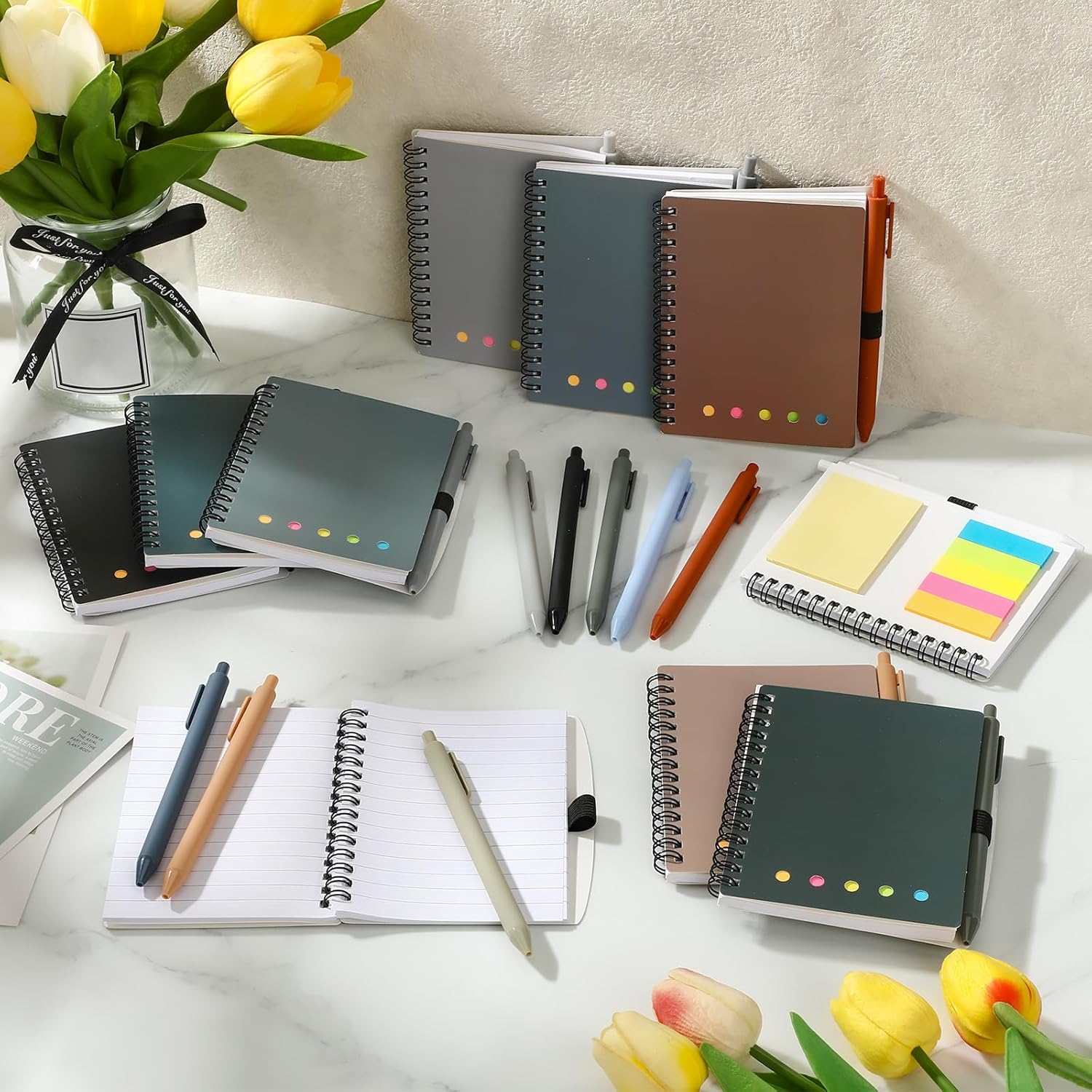 Chuangdi 50 Sets Teacher Appreciation Gifts Bulk, Boho Spiral Notebook with Sticky Note and Bamboo Pen, Inspirational Thank You Team Gift for Administrative Professionals Day, Office Employee (Neutral)