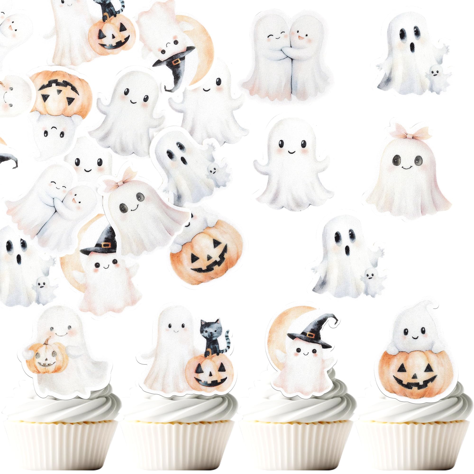 60 Pack Edible Halloween Spooky Cupcake Toppers Wafer Paper Skull Spider Web Pumpkin Cupcake Picks Edible Ghost Boo Cake Decorations for Baby Shower Birthday Halloween Party Food Decorations Supplies