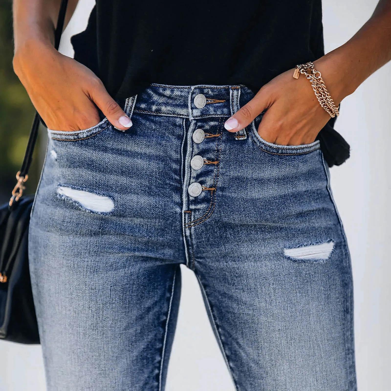 Jeans Vaqueros Pantalones Vaqueros Ajustados Moldeadores para Mujer Pantalones Vaqueros Ajustados con Botones Pantalones Vaqueros Elásticos Desgastados Y Deshilachados Moda