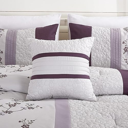 Miniatura 7 de Chezmoi Collection Linnea - Juego de edredÃ³n de 7 piezas con bordado floral, color morado, lavanda y gris cerezo, tamaÃ±o matrimonial