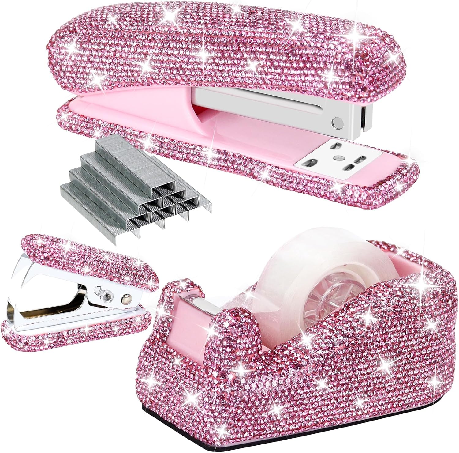 MultiBey Rhinestone Desktop Organizer Set, Bling Stapler and Tape Dispenser Set- 25 Sheets Capacity with 1000pcs Staples & Stapler Remover, Sparkling Office Supplies Gift for Women Girls (Pink)