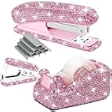 Multibey Rhinestone Desktop Organizer Set, Bling Stapler and Tape Dispenser Set- 25 Sheets Capacity with 1000pcs Staples & Stapler Remover, Sparkling Office Supplies Gift for Women Girls (Pink)