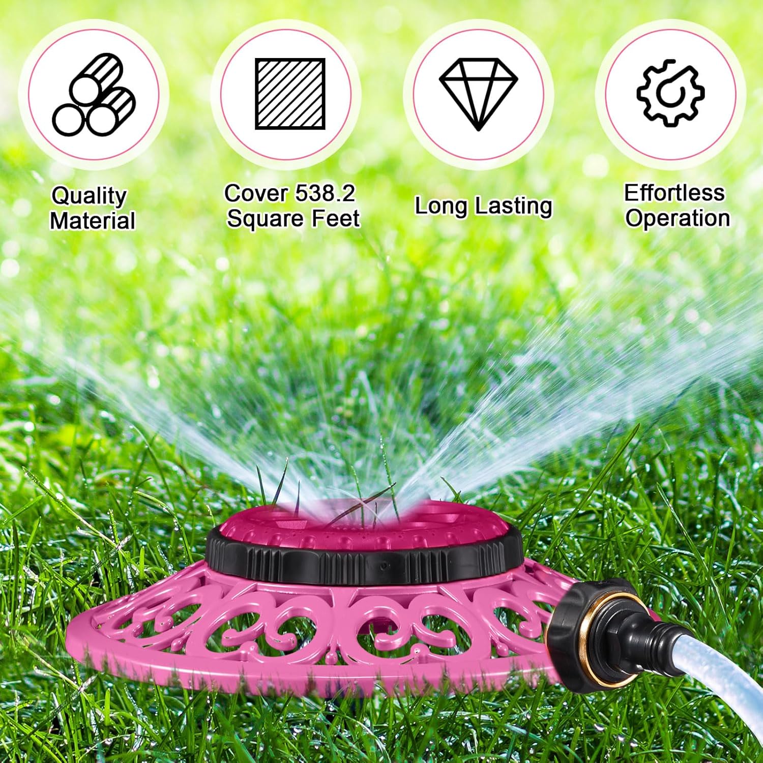 2 Pcs Lawn Sprinkler with Metal Decorative Base 8 Pattern Stationary Water Sprinkler Automatic Turret Pattern Sprinkler for Watering Yard, Lawns, Garden, Odd Shaped Areas (Pink)