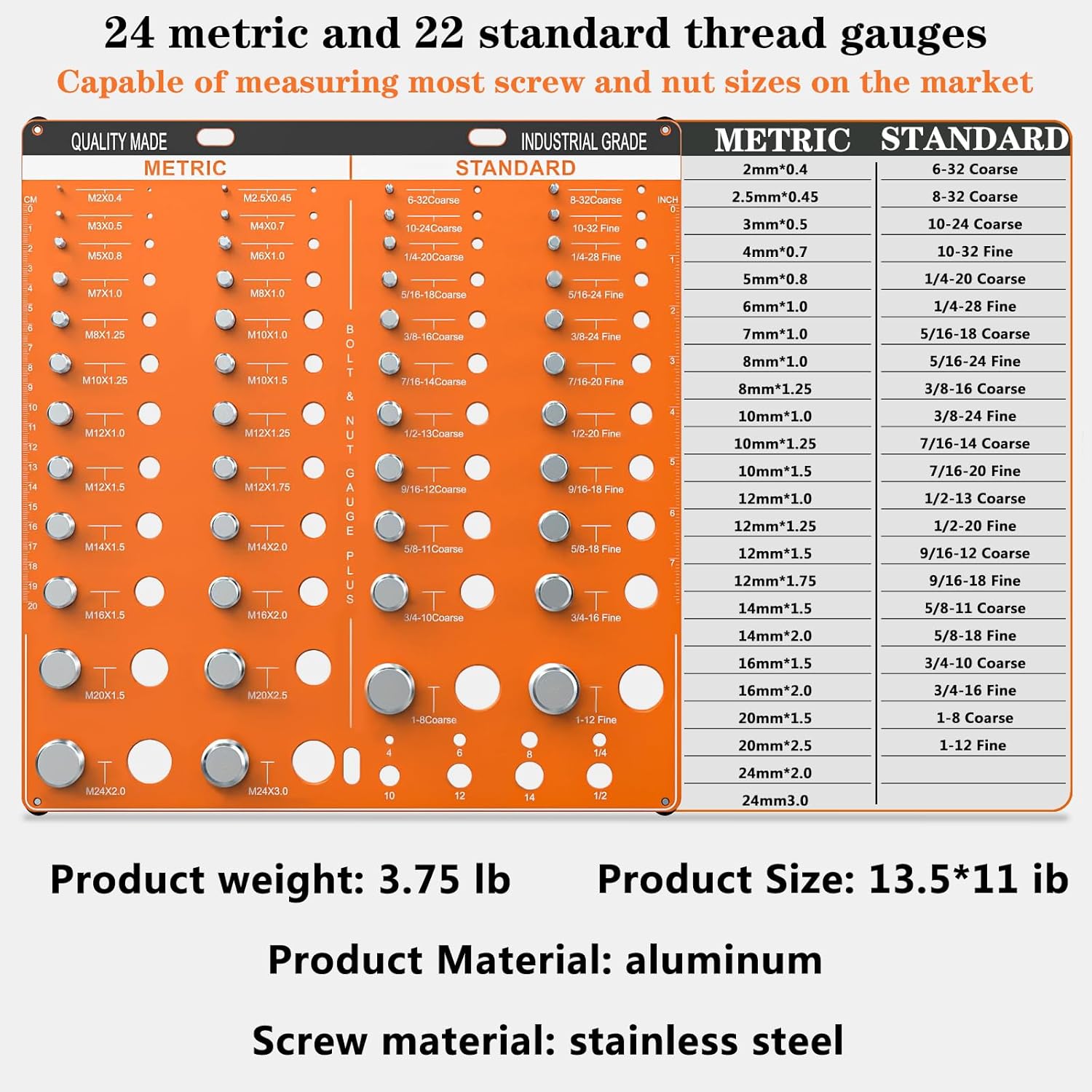 54 Nut Thread Gauges Checker Standard and Metric Checker Used A Standard Gauge to Set Pitch and Thread for The Chaser Thread Gauge with 22 Standard and 24 Metric Bolt and 8 Drill Bit Gauge