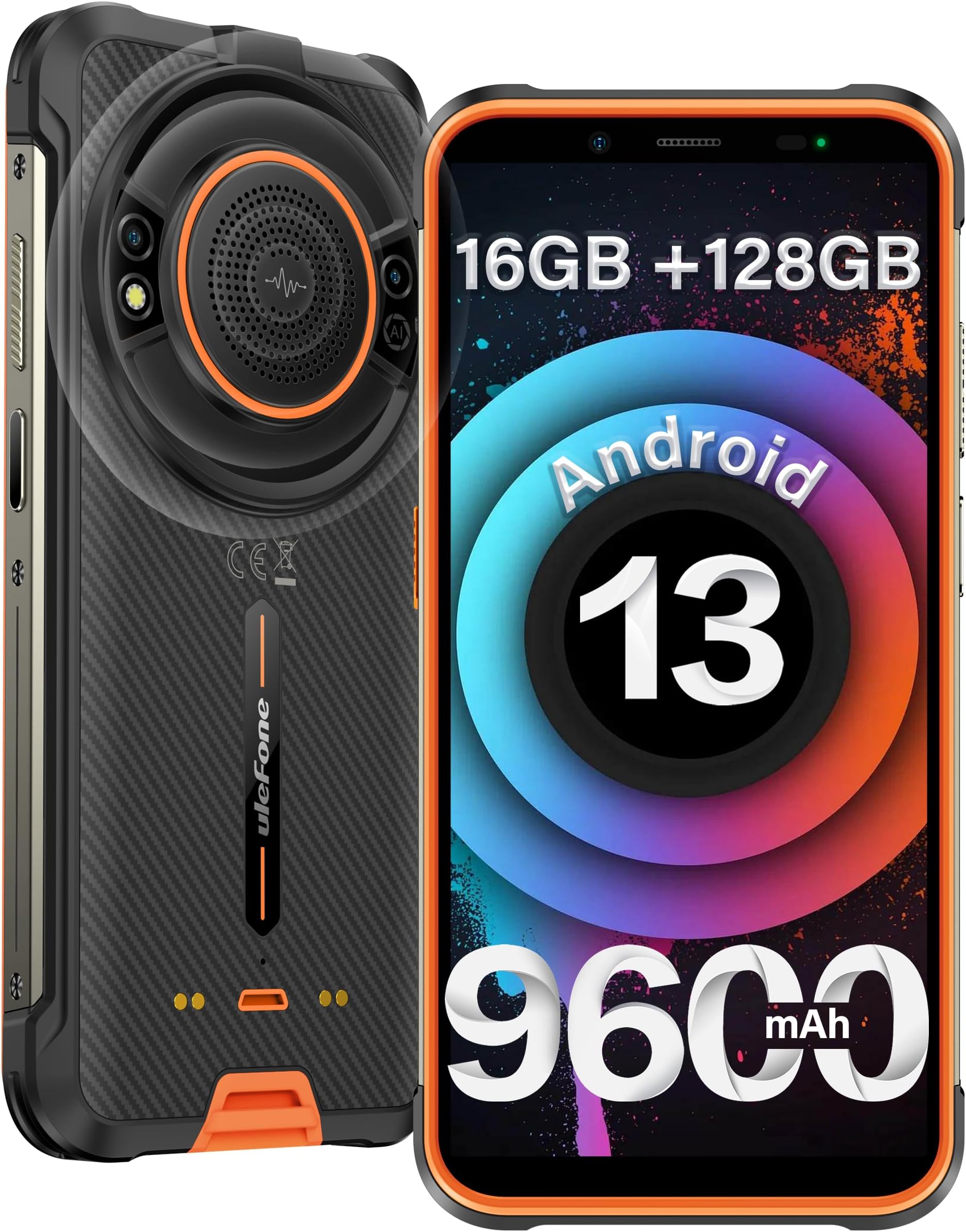 Ulefone Power Armor 16S Rugged Phones, 16+128GB, 50MP+8MP Camera, 9600mAh, 122dB Speaker, 5.93” Screen, Android 13, 3-Card Slot, NFC/GPS, Dual 4G LTE Unlocked Smartphone (Orange)
