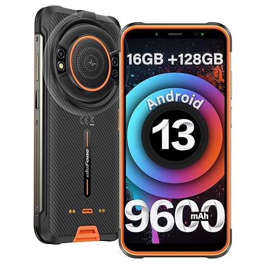 Rugged Cell Phones, Ulefone Power Armor 16S Unlocked Smartphone, 16+128GB, 50MP+8MP Camera, 9600mAh, 122dB Speaker, 5.93” Screen, Android 13, 3-Card Slot, NFC/GPS, Dual 4G LTE (Orange)