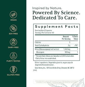 GAIA HERBS PRO Olive Leaf 1360 - Supports Immune System & Heart Health* - Concentrated Single-Herb Formula - with Oleuropein - Gluten-Free - 120 Liquid Phyto-Caps (60 Servings)
