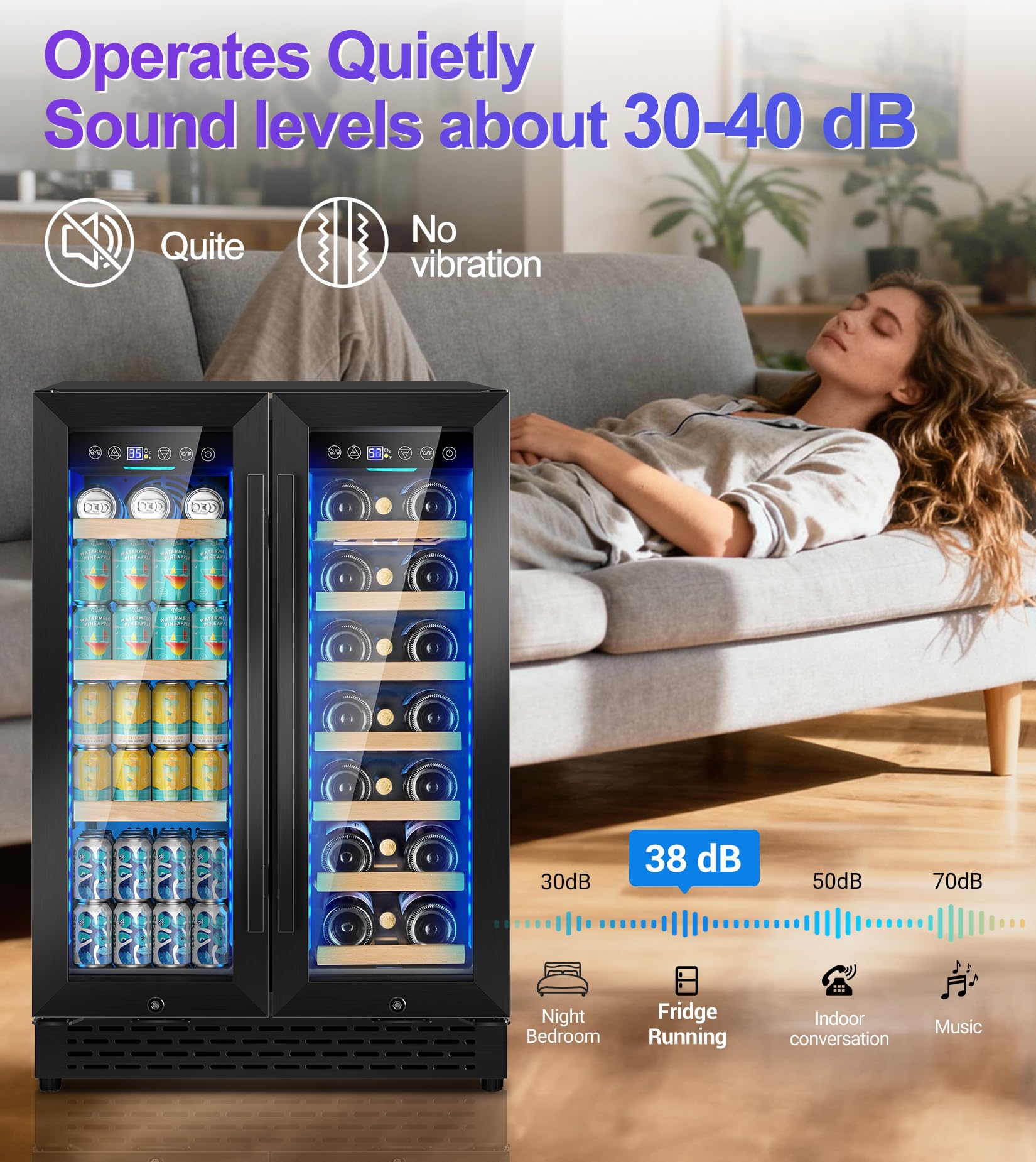 24 Inch Wine And Beverage Refrigerator, Dual Zone Wine Cooler Black, Undercounter Built-In Freestanding Drink Fridge With 3 LED Light, 88 Cans And 21 Bottles Capacity, For Beer Soda Kitchen Office on Fridge.com - View 5