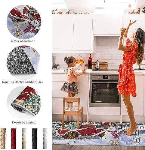 Miniatura 6 de Juego de 1 alfombras y tapetes de cocina de Navidad, diseño de muñeco de nieve, camión, copo de nieve, árbol de Navidad, tapete para fregadero de