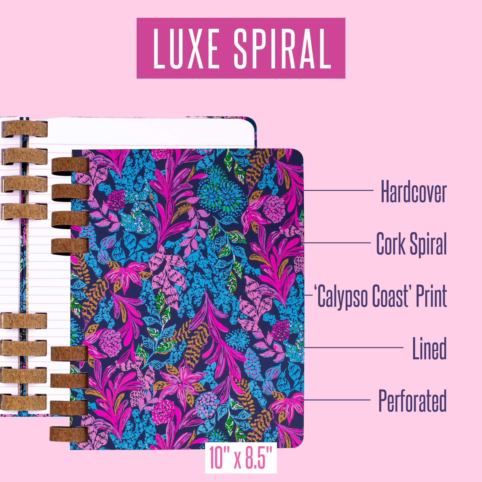 Lilly Pulitzer Luxe - Quaderno con rilegatura a spirale, 180 pagine, per donne, carta a righe universitarie, 1 soggetto, quaderno estetico da 25,4 x 21,6 cm, Calypso Coast