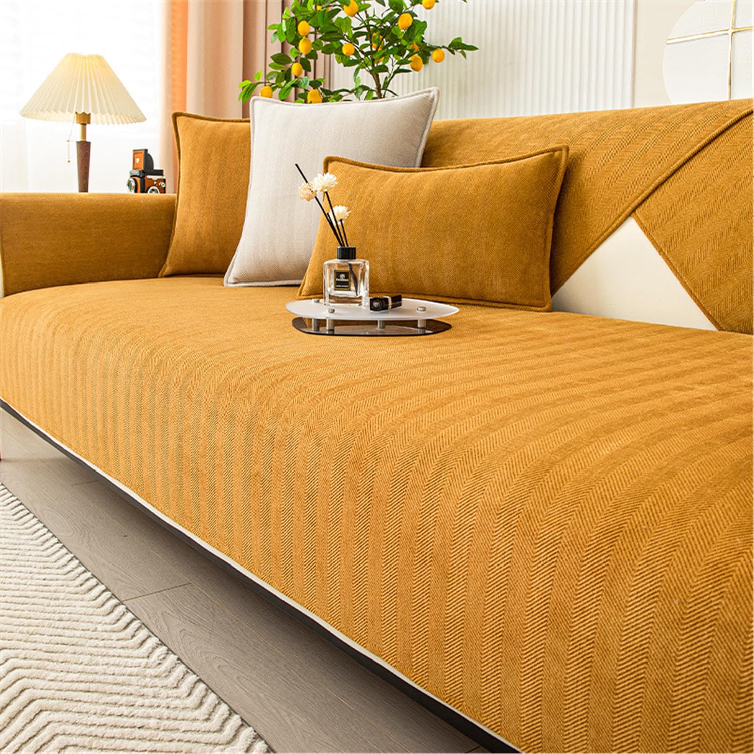 LINGKY Herringbone Chenille Fabric Furniture Protector Sofa Cover 1 2 3 Seater, Non-Slip Sofa Slipcovers for Corner L Shape, Thick Textured Sofa Cushion Covers Furniture Protector (Orange,70x210cm)