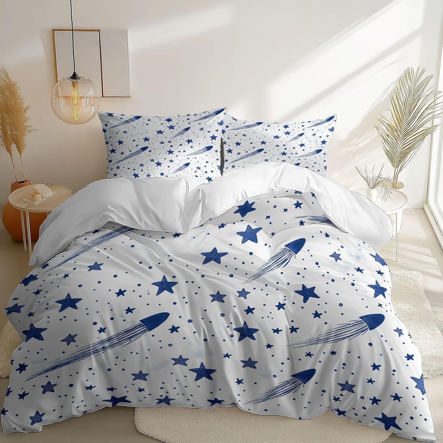 3PCS White Duvet Cover Set, Simple Stars Shooting Stars Pattern Bedding with Zipper Closure, Duvet Cover King Size Print for Girls Kids and Teens Home Décor