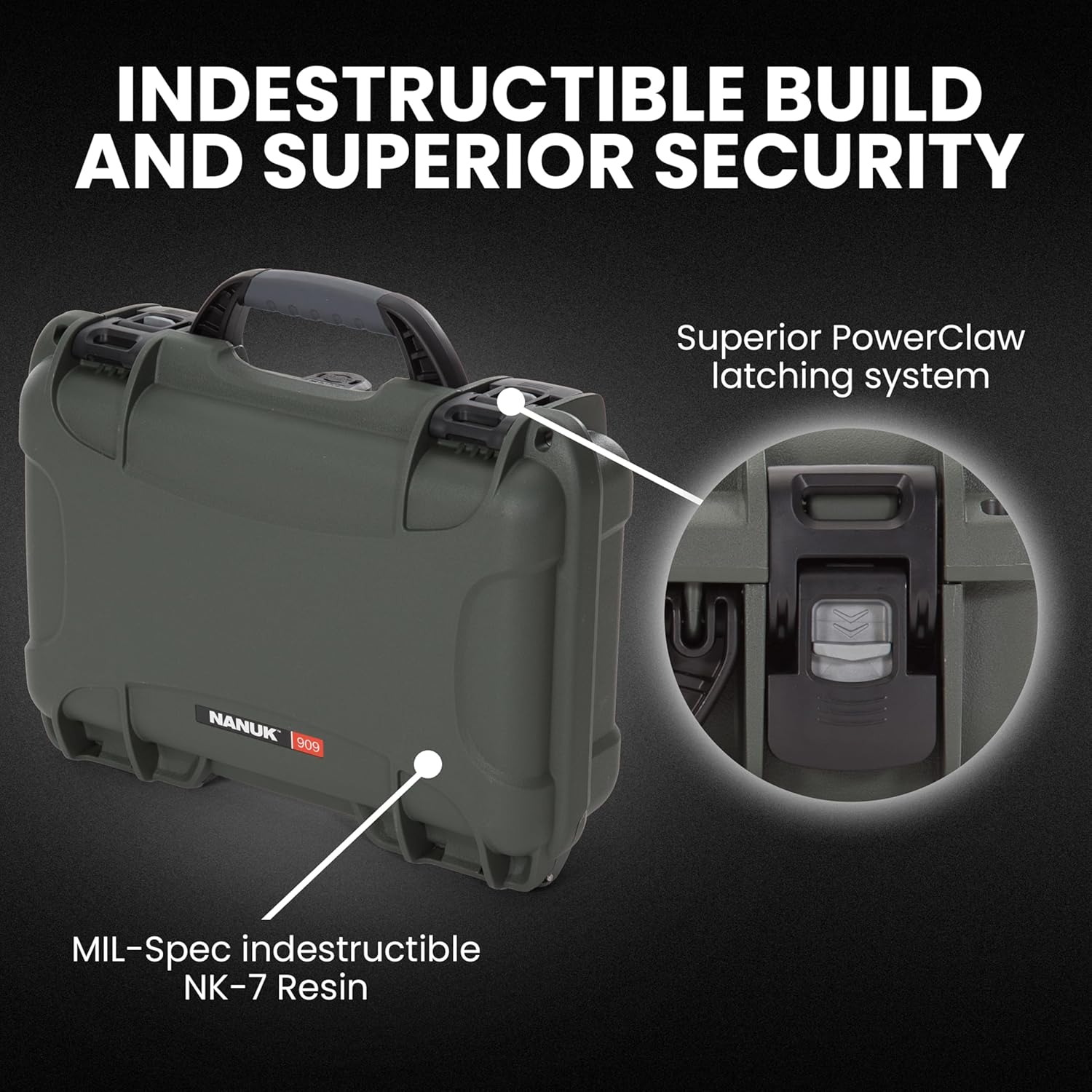 NANUK 909 Travel Hard Case with Customizable Cubed Foam – Waterproof Camera Case, 12.6” x 9” x 4.4”, Lightweight, Lockable, Dustproof, Impact-Resistant & Durable Protective Case – Olive