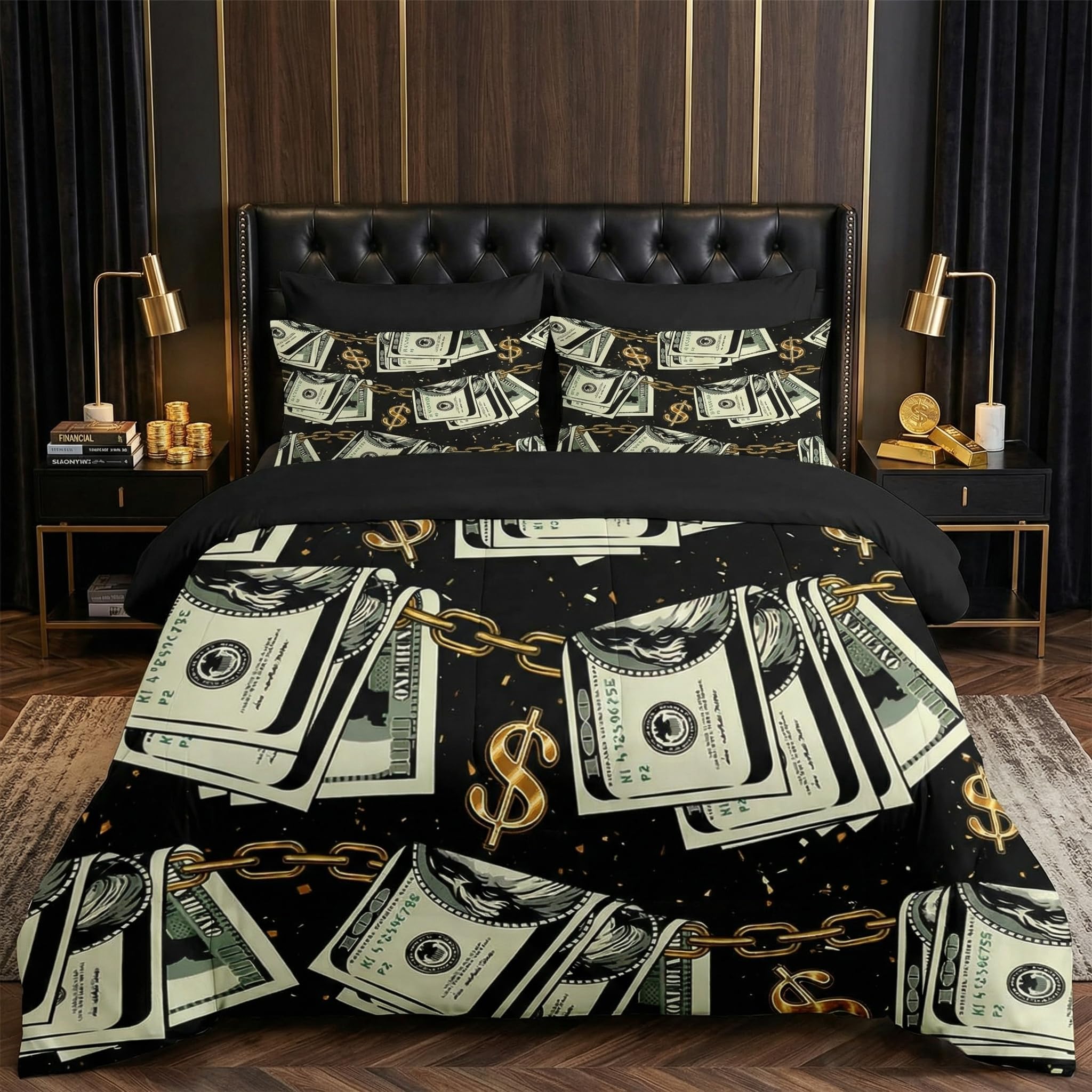 Nesker 5 Pcs Comforter Set Twin Size, Gold Money Bill Coins Bedding Set for Kids and Adults, Abstract One Hundred Dollar Bed Sheet Sets with Fitted Sheet Pillowcases & Shams