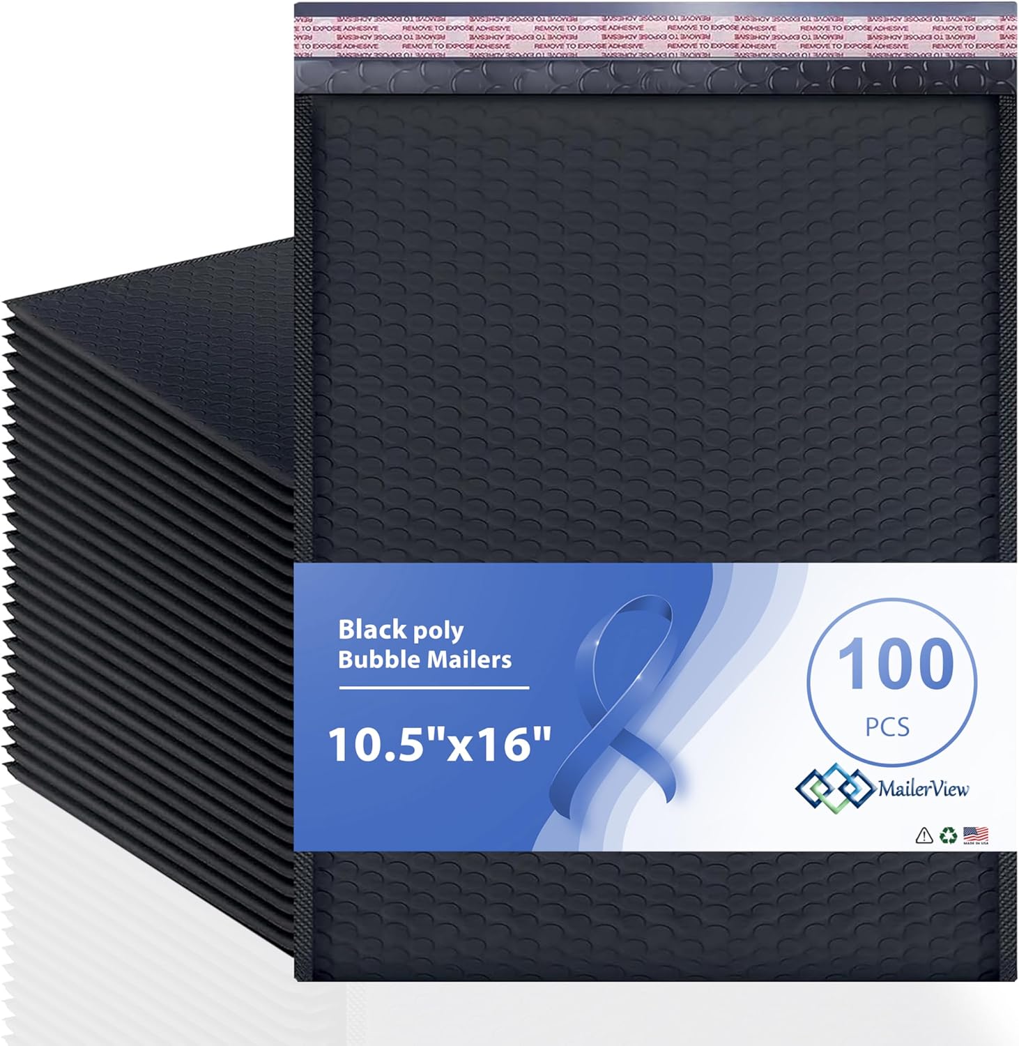 Black 10.5x16 Inch Large Poly Bubble Mailers #5 | Padded Envelopes with Self Seal | Air Lined Cushioned Bubble Mailer | Usable Size 10.5x15 | 100 Pack Bulk | Lightweight shipping Bags | Made in USA