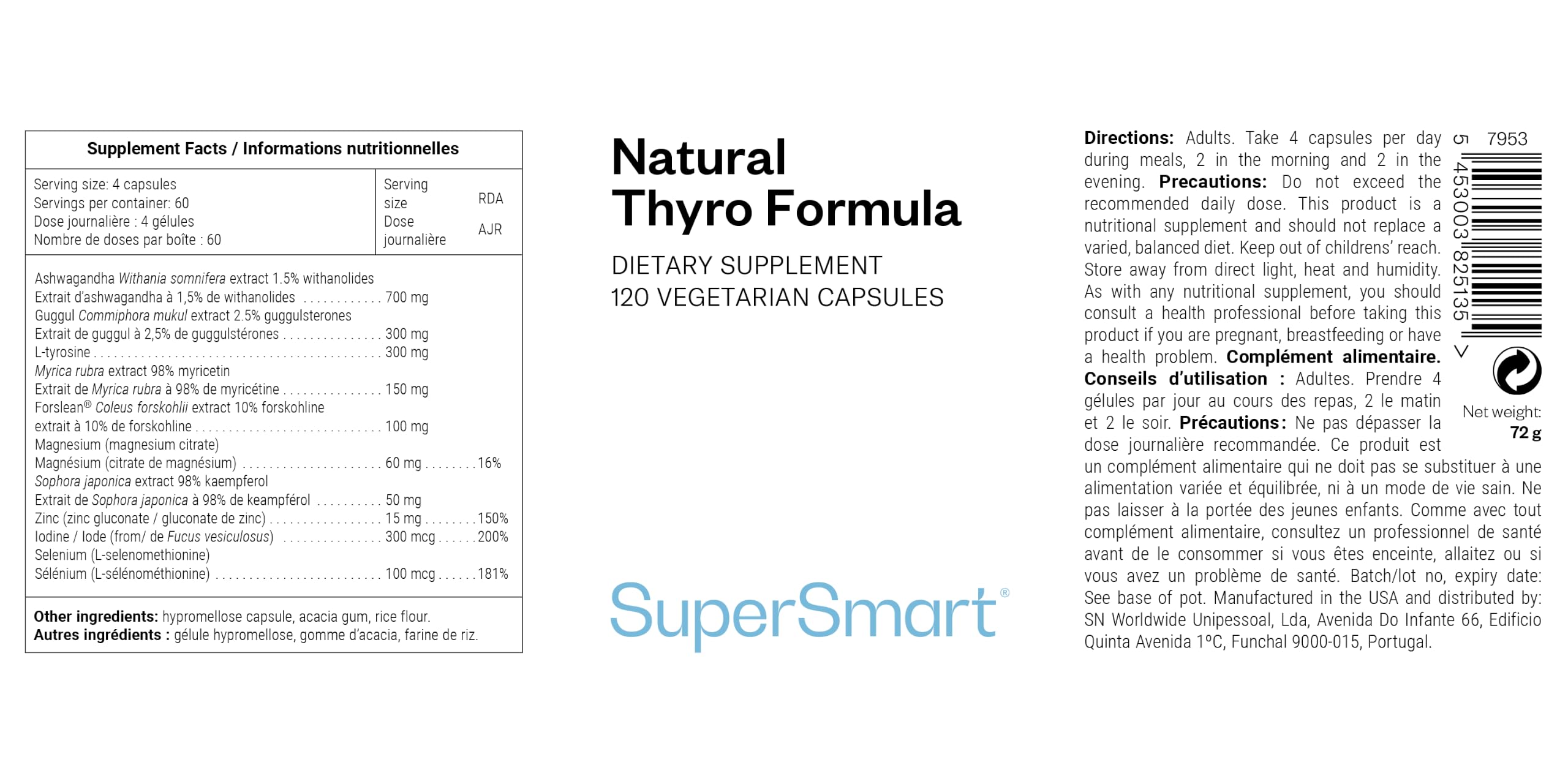 Natural Thyro Formula - Complément alimentaire pour la Thyroïde - Iode, Sélénium, Zinc et Vitamines - Formule à base de nutriments essentiels - SuperSmart