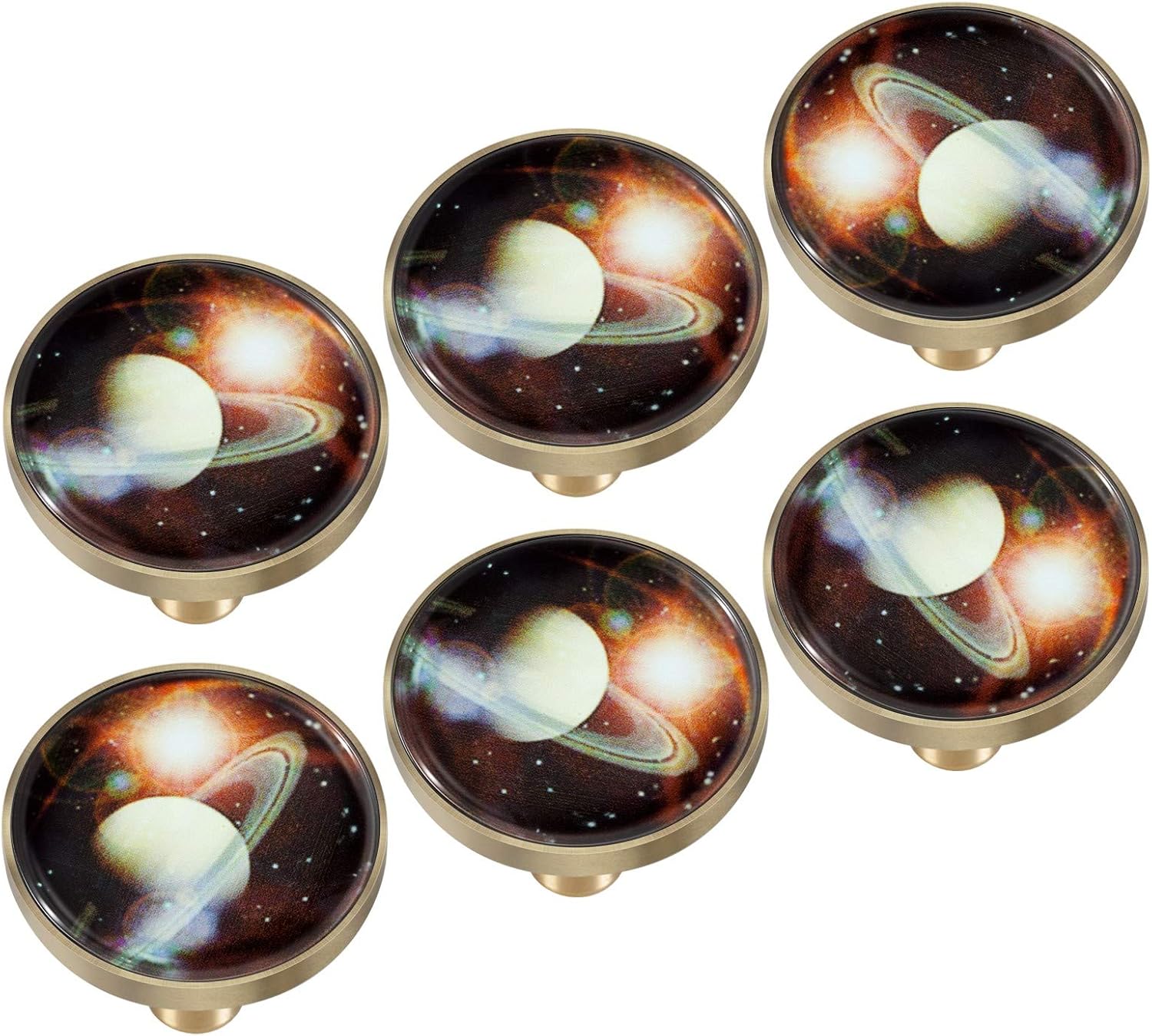 Amogeeli Glowing in Dark Space Starry Galaxy Glass Knobs Cabinet Locker Brass Pull Handles Pack of 6