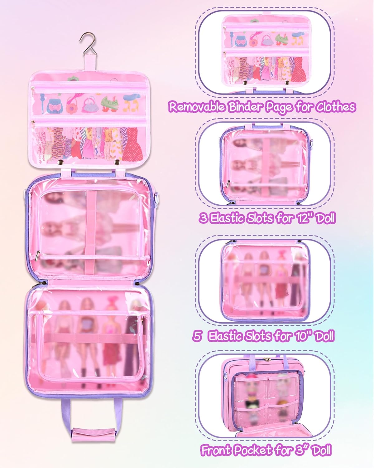 Doll Carrying Case Compatible with Barbie 10–12 Inch Dolls, Large Capacity Doll Storage Organizer Bag with Compartments for Mini Dolls, Clothes and Accessories, Pink (Bag Only)