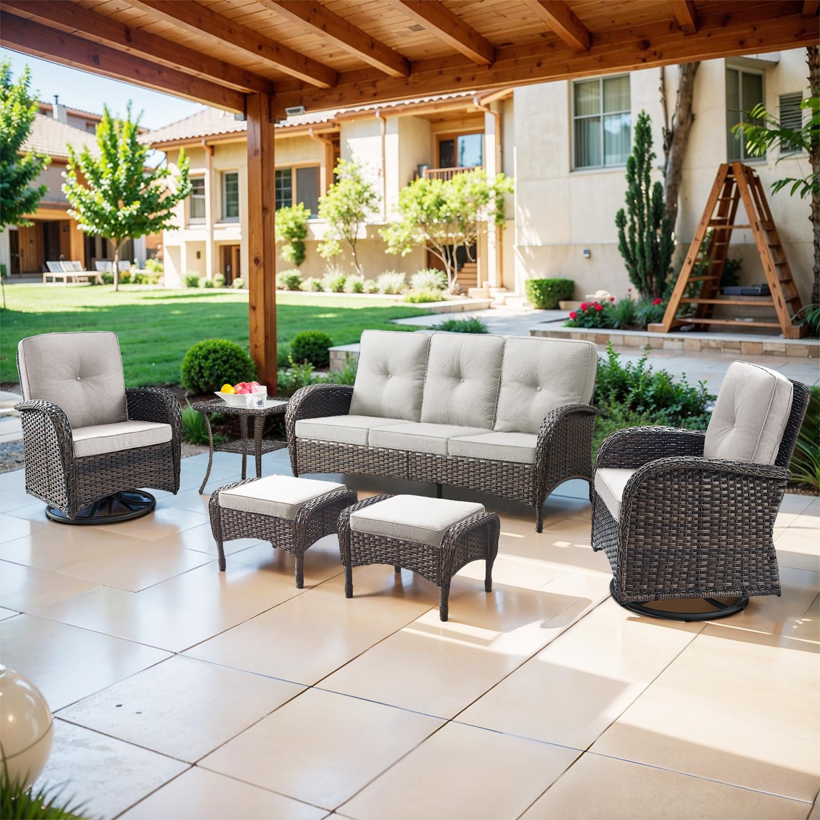 Belord 6 Piece Patio Conversation Sets - Wicker Patio Furniture Sets with Outdoor Swivel Rocker Chairs Outdoor Couch Perfect for Deck Patio Backyard,
