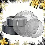 FLOWERCAT 100PCS Clear Black Plastic Plates Disposable Plates for Christmas Party/New Year - Heavy Duty Plastic Plates - 10" &7" Plate for 50 Guests New Year Parties and Events (Smoke Gray)