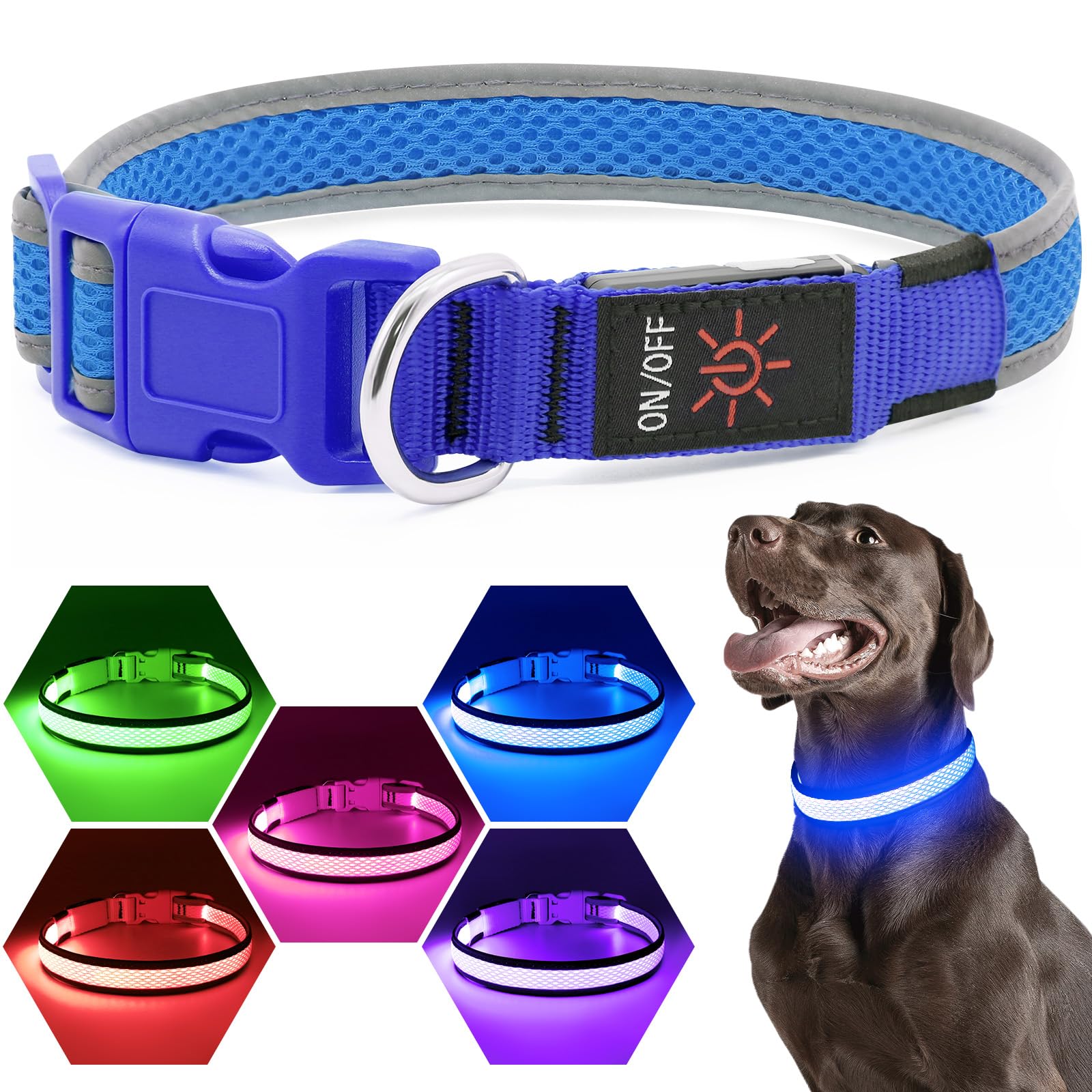 Flashseen LED Dog Collar, USB Rechargeable Light Up Dog Collar Lights, Adjustable Comfortable Soft Mesh Safety Dog Collar for Small, Medium, Large Dogs (Blue, Medium) — image 1