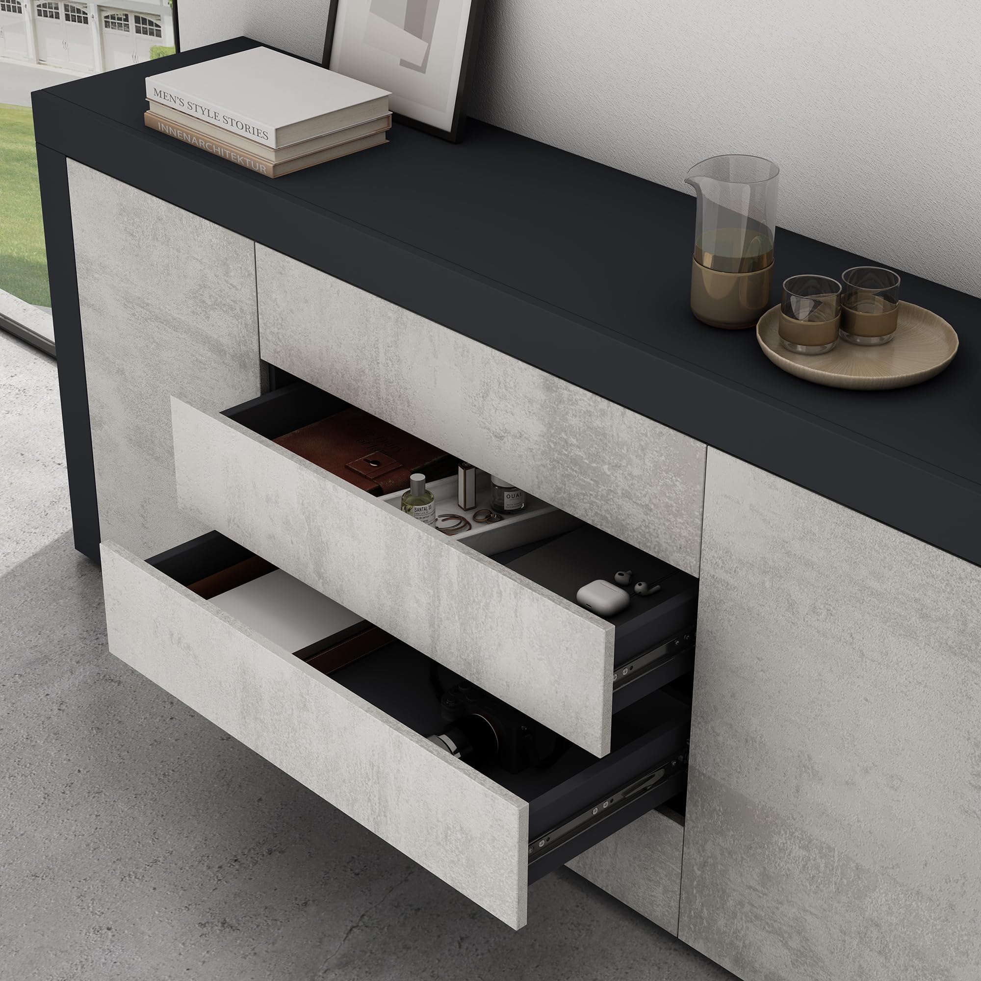 Mai & Mai Meuble de Rangement Buffet Commode Gris Noir Mat + Béton 167cm | Casier de Rangement, 2 Portes et 4 Tiroirs, Séparateur Réglable, Placard Salon Salle à Manger, 167x36x70cm, SR03